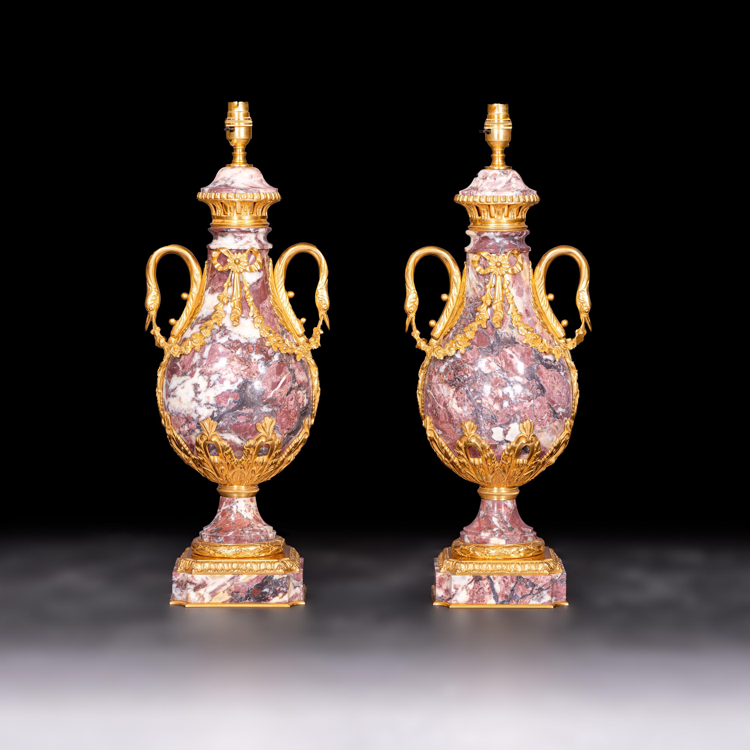 Pair of French 19th Century Louis XVI Style Marble and Ormolu Lamps For Sale 2