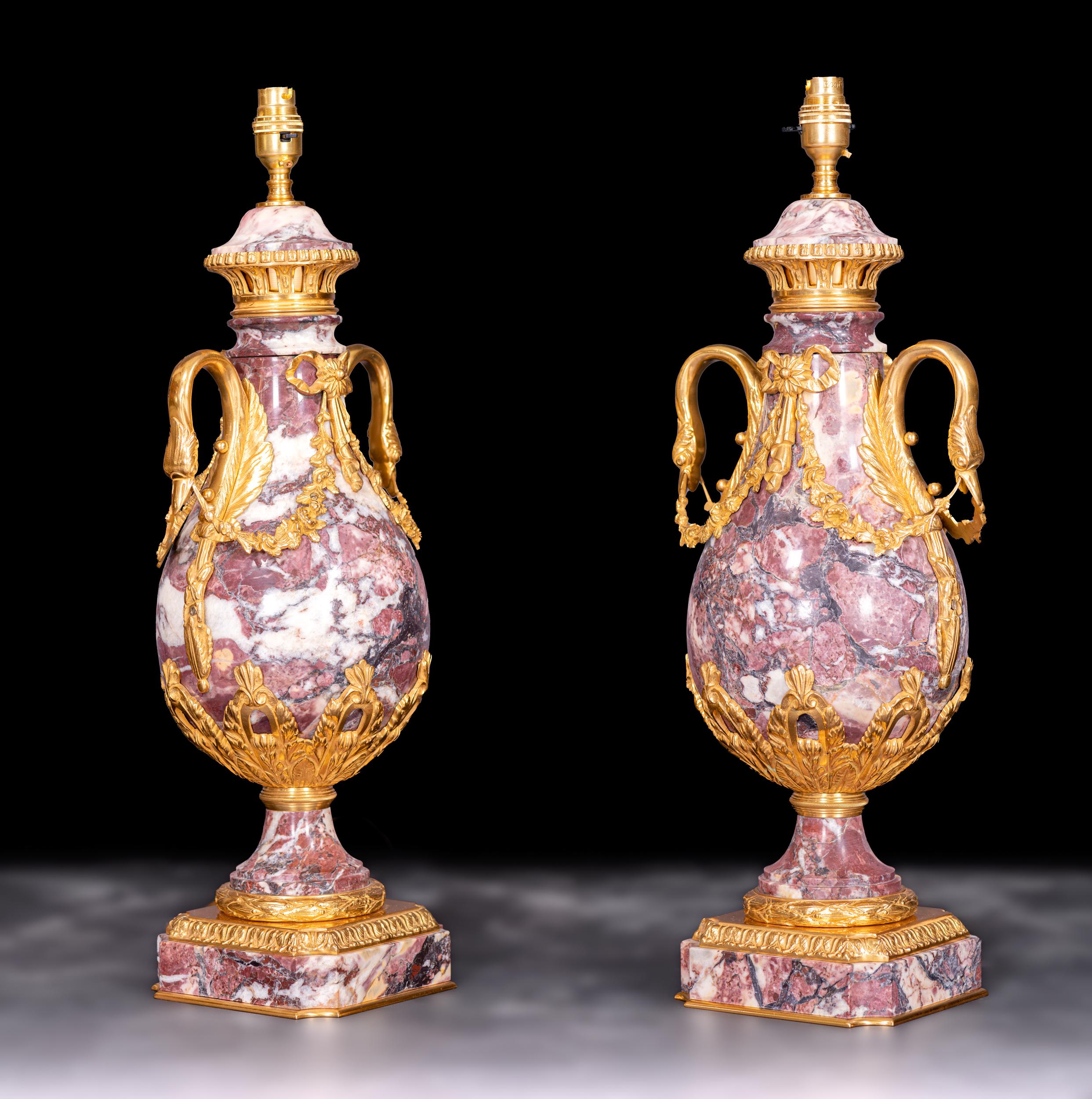 Pair of French 19th Century Louis XVI Style Marble and Ormolu Lamps For Sale 3