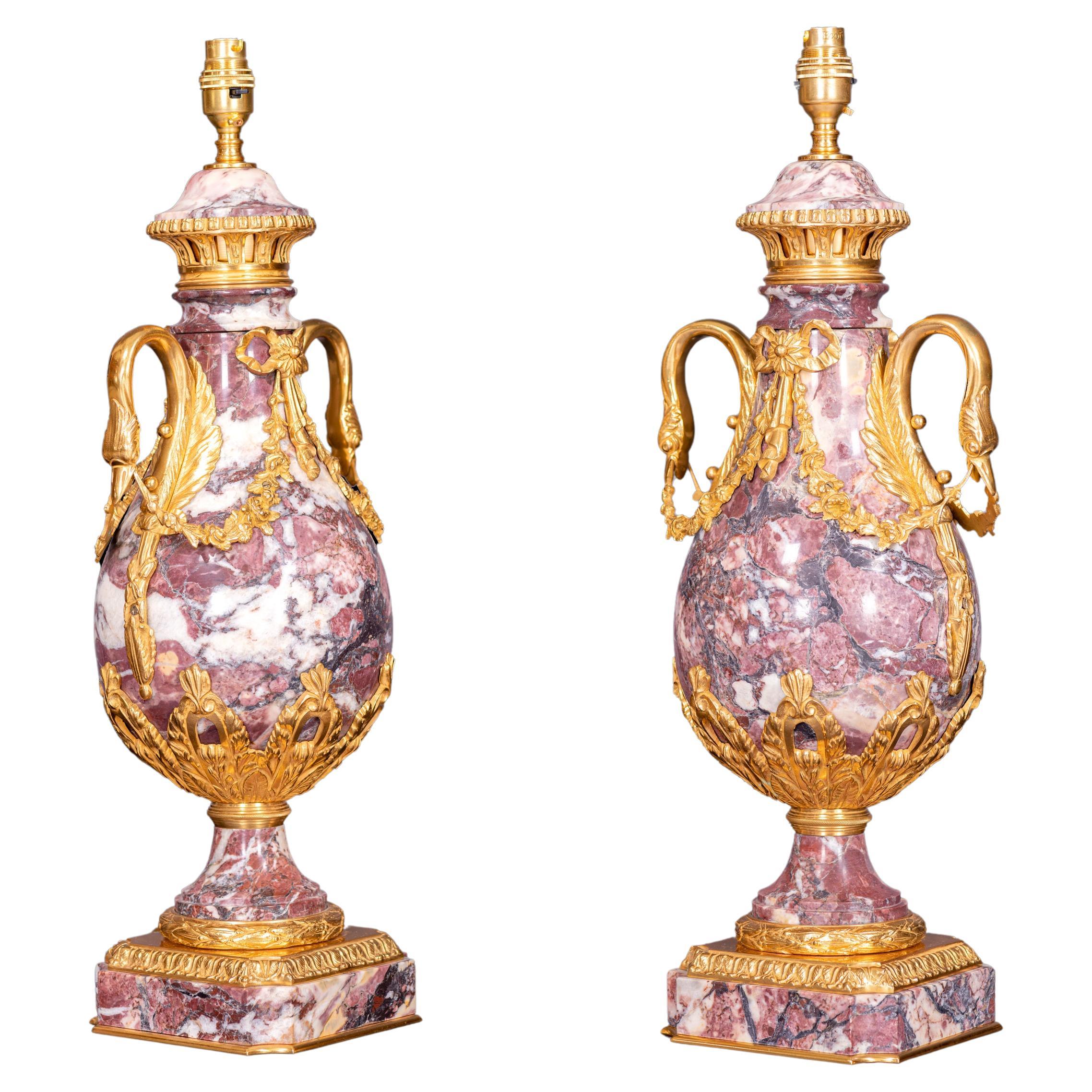 Pair of French 19th Century Louis XVI Style Marble and Ormolu Lamps For Sale