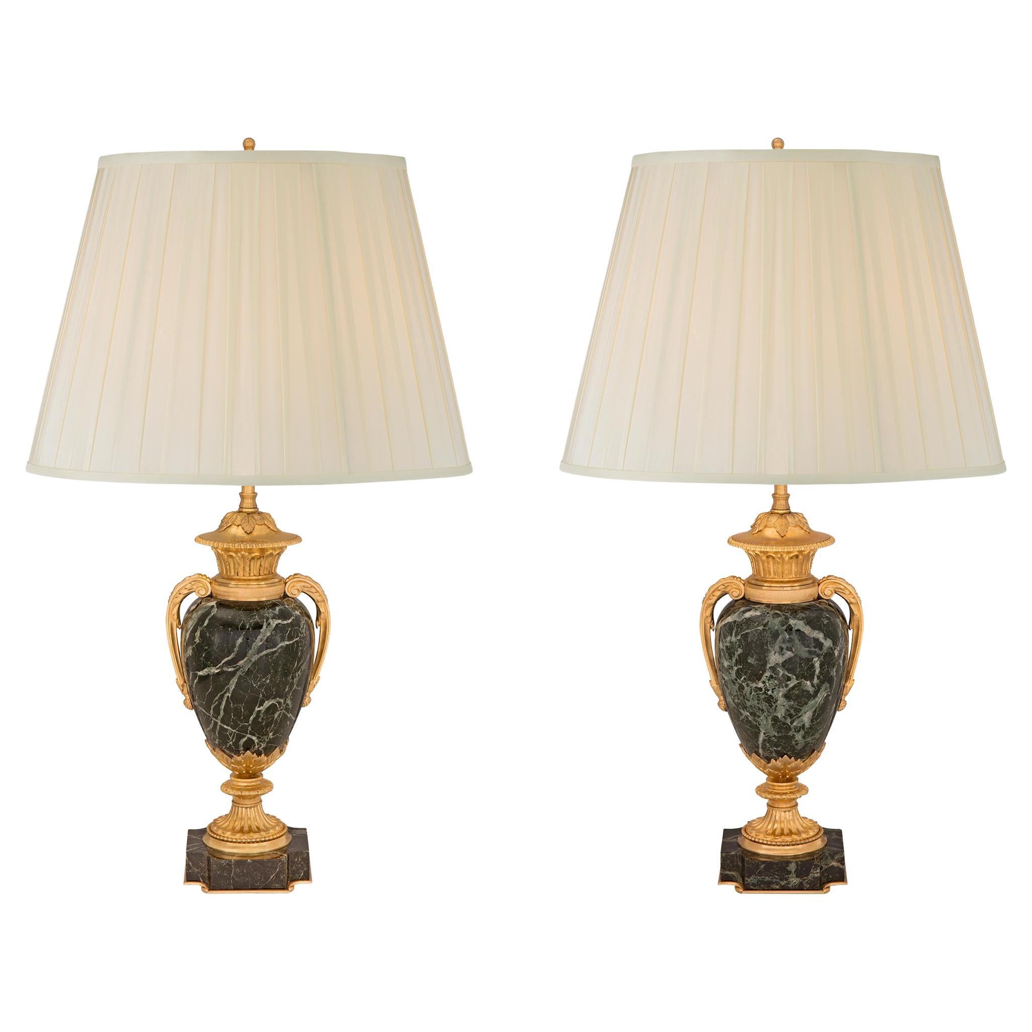 Pair of French 19th Century Louis XVI Style Marble and Ormolu Lamps For Sale