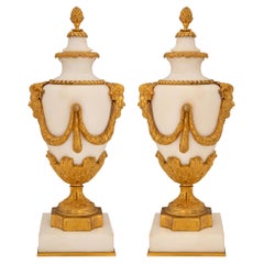 Paire de Casolettes de style Louis XVI du 19ème siècle en marbre et bronze doré à couvercle