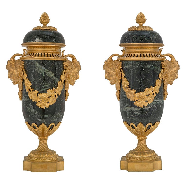 Pair of French 19th Century Louis XVI Style Marble and Ormolu Lidded Urns For Sale