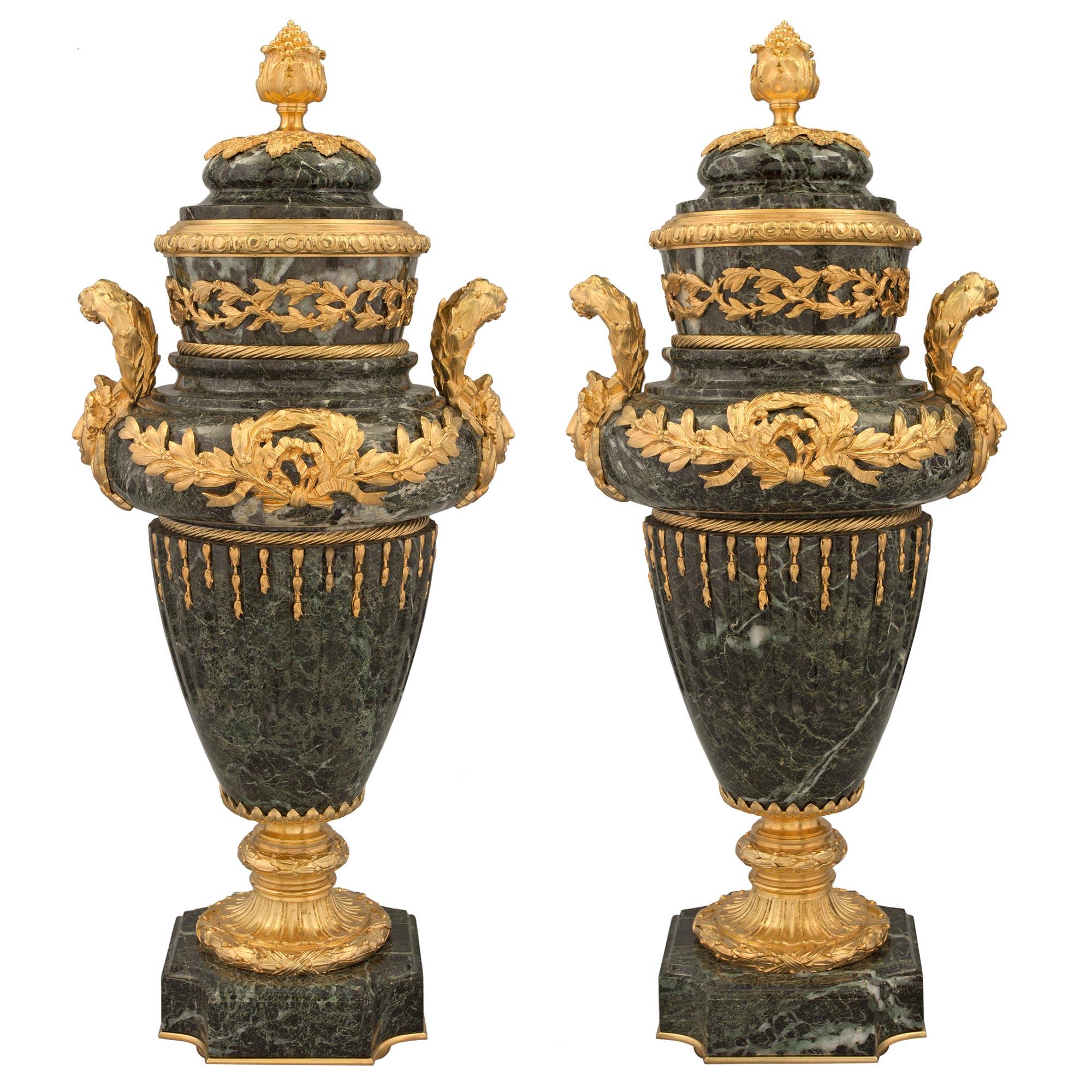 Pair of French 19th Century Louis XVI Style Marble and Ormolu Lidded Urns