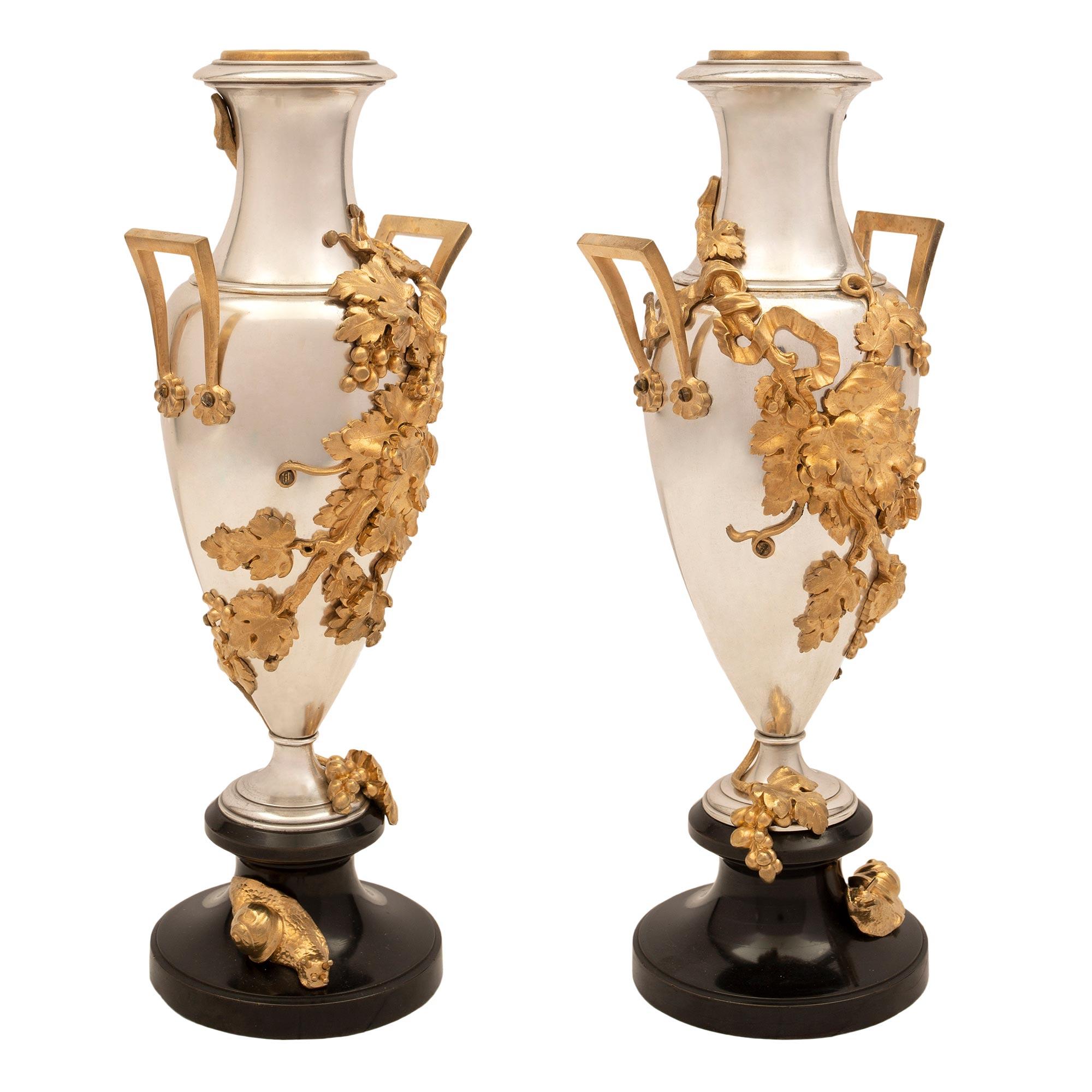 Silvered Pair of French 19th Century Louis XVI Style Marble, Bronze and Ormolu Vases For Sale