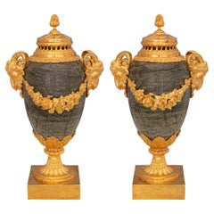 Paire d'urnes à couvercle en marbre de style Louis XVI du 19ème siècle