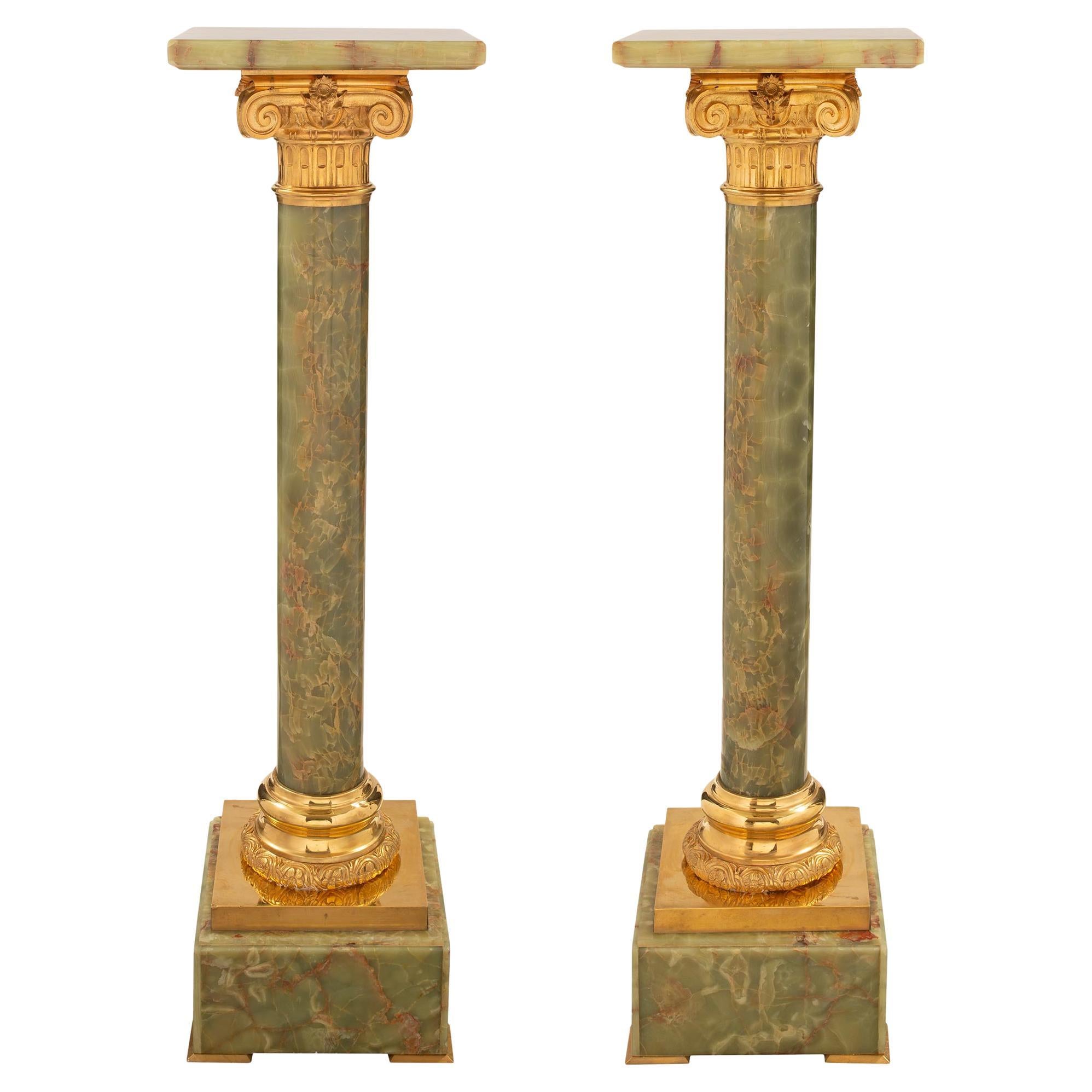 Pair of French 19th Century Louis XVI Style Onyx and Ormolu Pedestal Columns For Sale