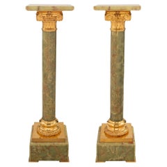Antique Pair of French 19th Century Louis XVI Style Onyx and Ormolu Pedestal Columns