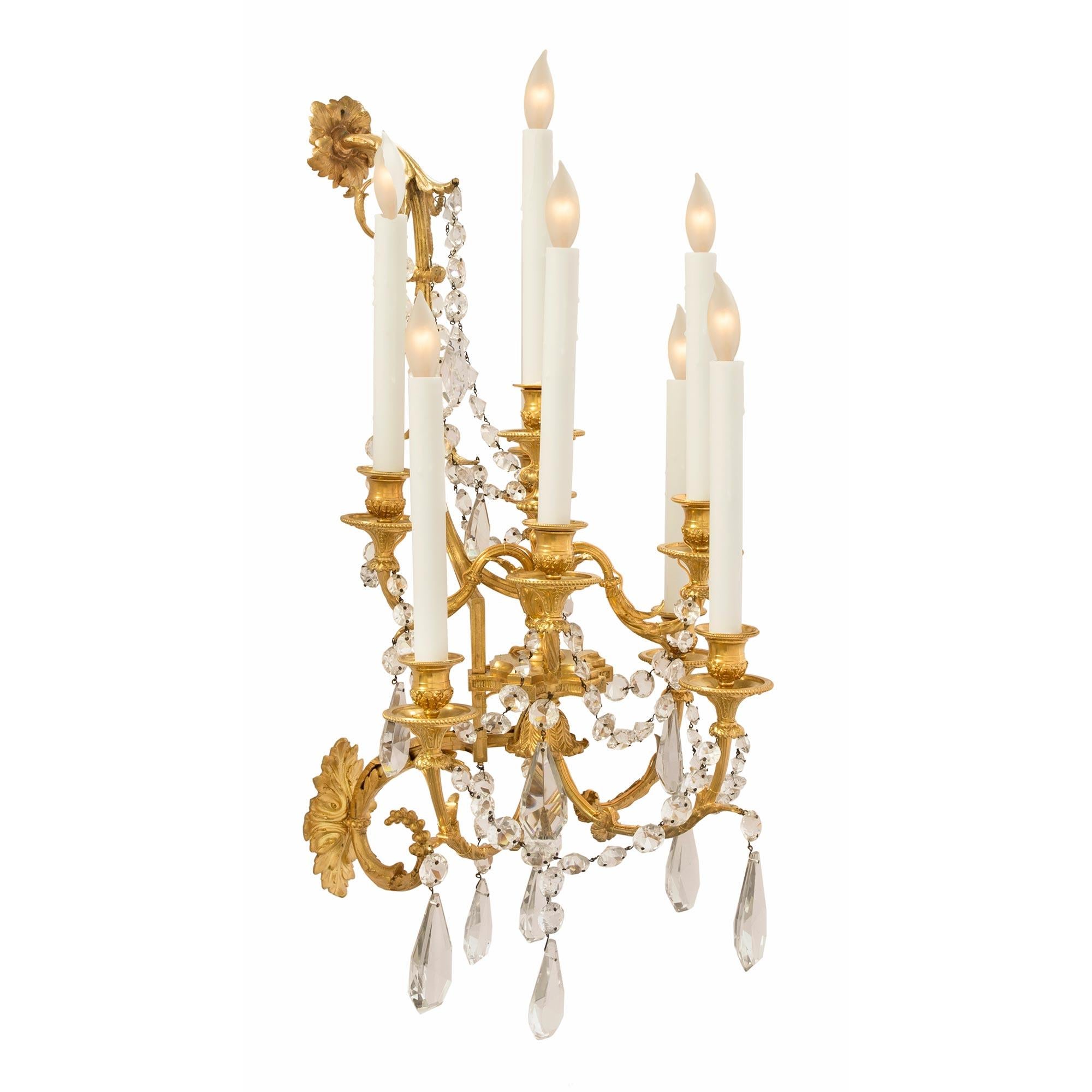 Pair of French 19th Century Louis XVI Style Ormolu and Baccarat Crystal Sconces In Good Condition In West Palm Beach, FL