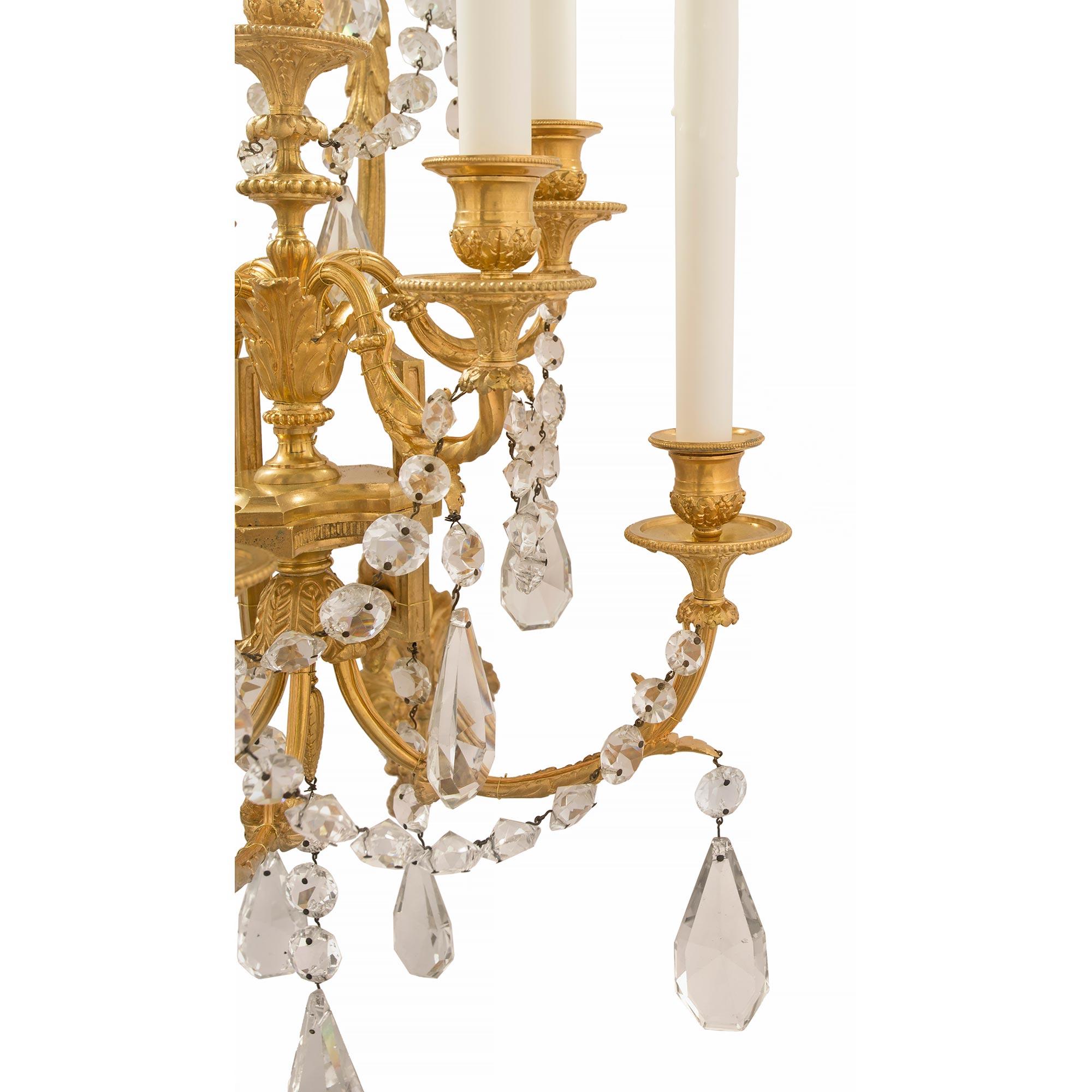 Pair of French 19th Century Louis XVI Style Ormolu and Baccarat Crystal Sconces 3