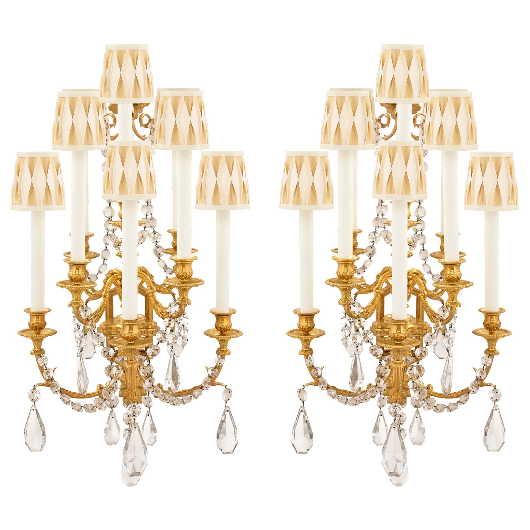 Pair of French 19th Century Louis XVI Style Ormolu and Baccarat Crystal Sconces