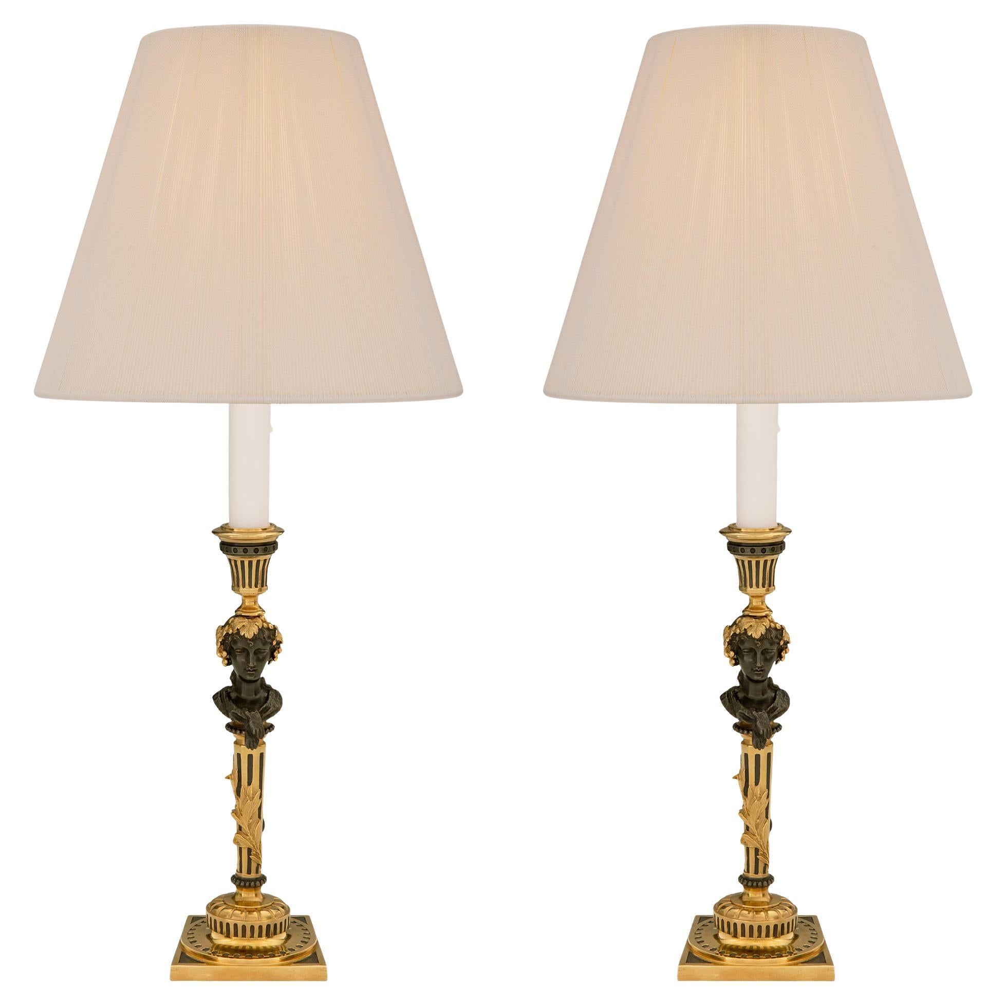Pair of French 19th Century Louis XVI Style Ormolu and Bronze Candlestick Lamps