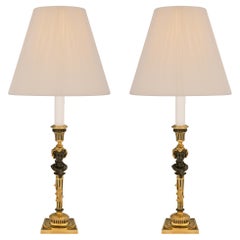 Pair of French 19th Century Louis XVI Style Ormolu and Bronze Candlestick Lamps