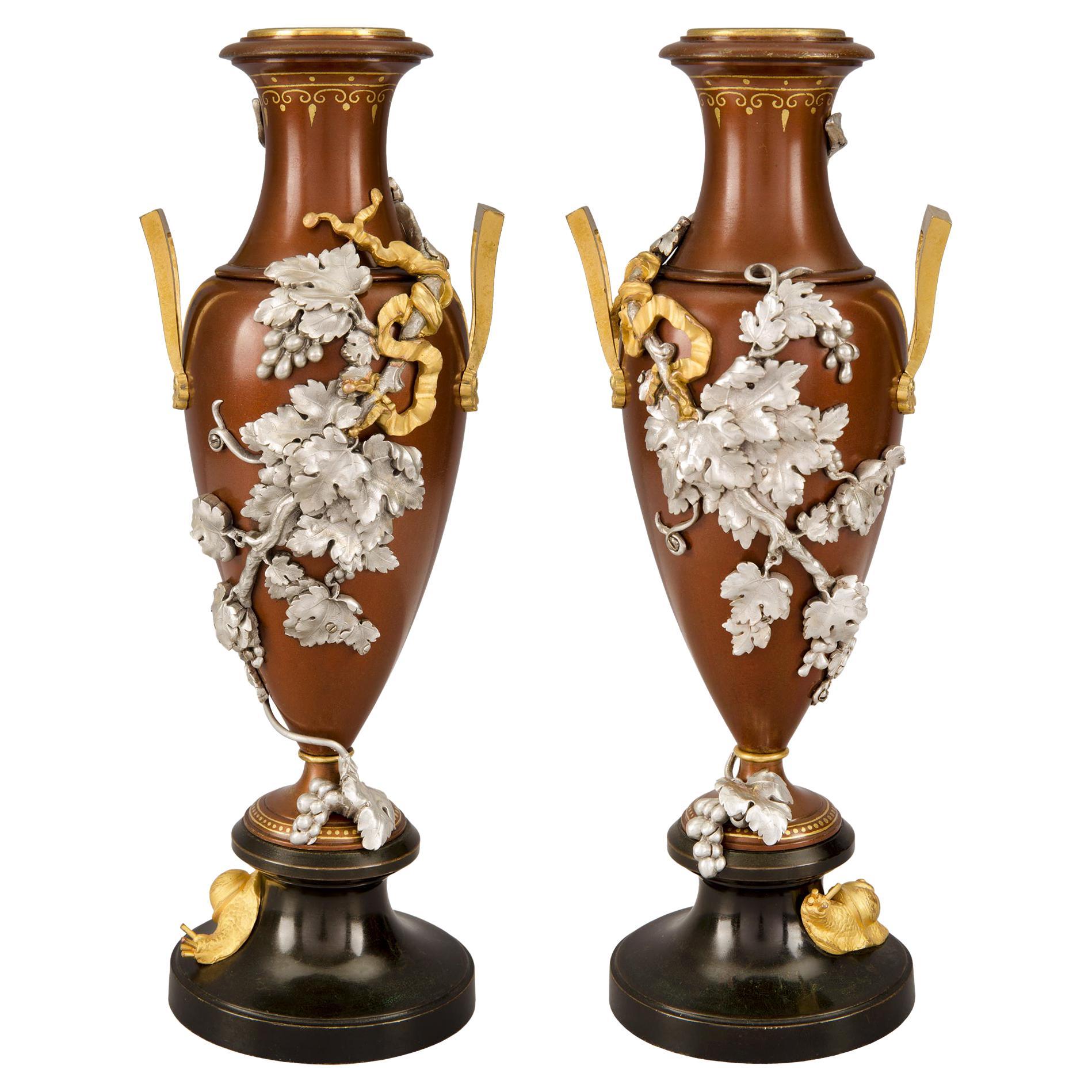 Pair of French 19th Century Louis XVI Style Ormolu and Bronze Urns For Sale
