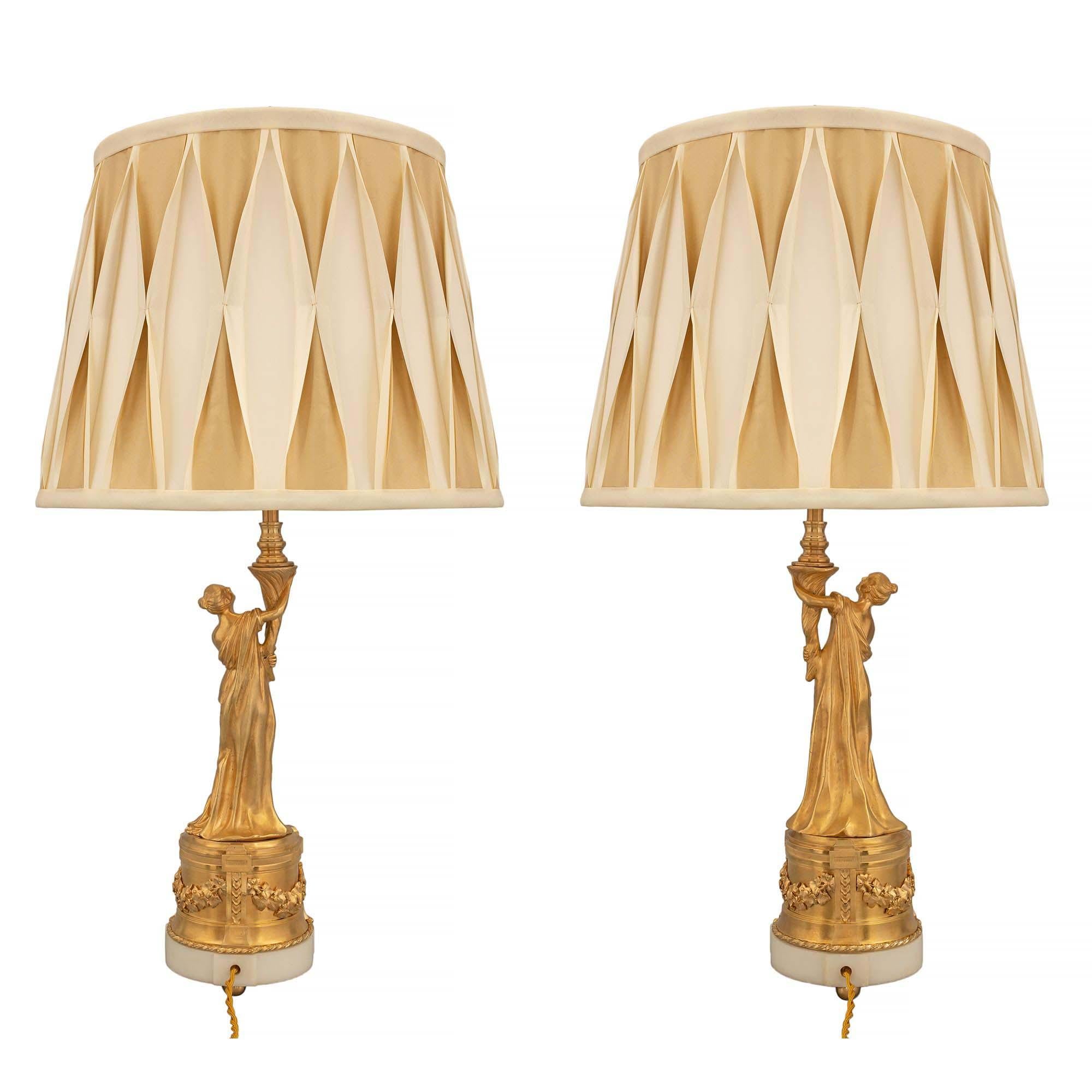 Pair of French 19th Century Louis XVI Style Ormolu and Carrara Marble Lamps In Good Condition For Sale In West Palm Beach, FL
