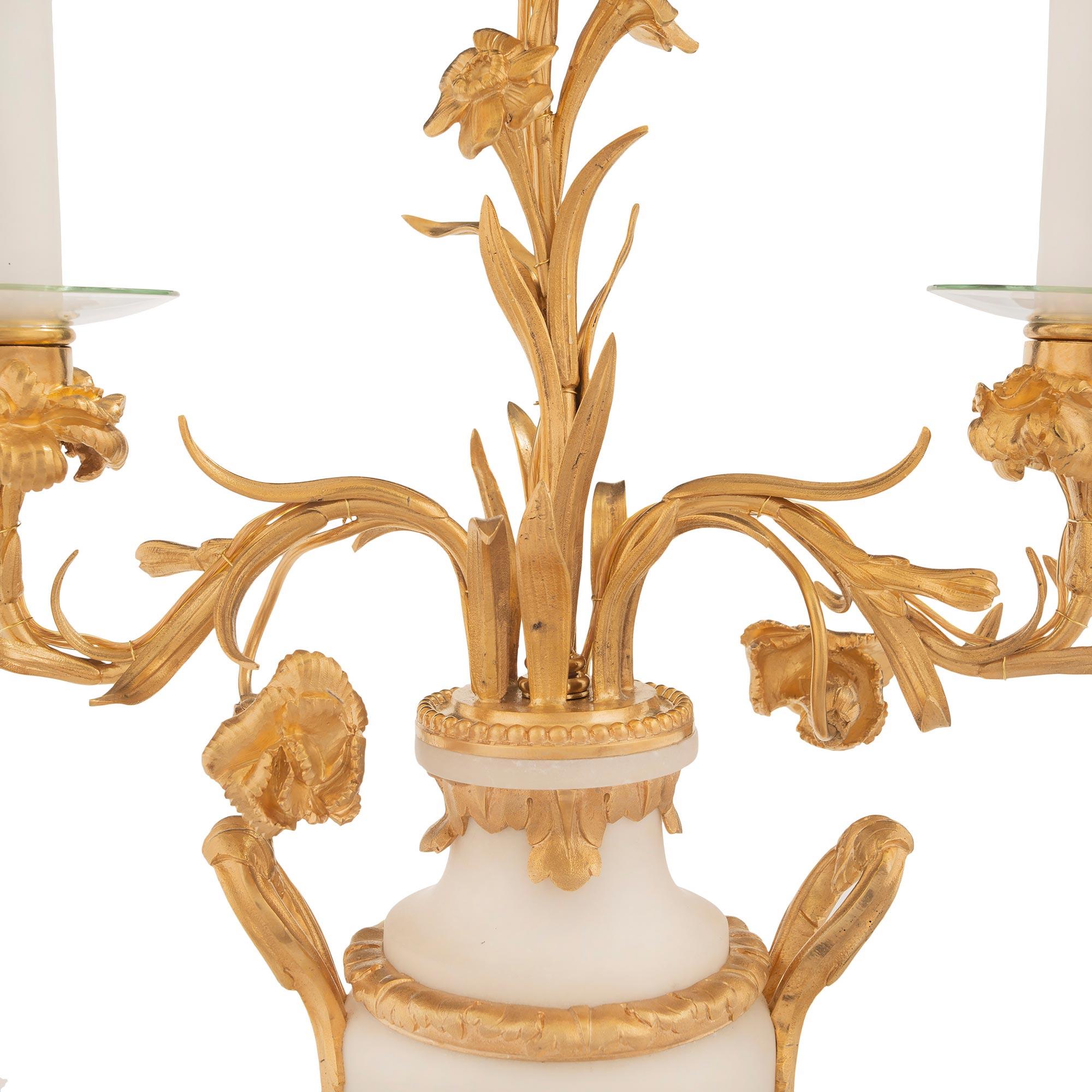 Pair of French 19th Century Louis XVI Style Ormolu and Carrara Marble Lamps For Sale 2