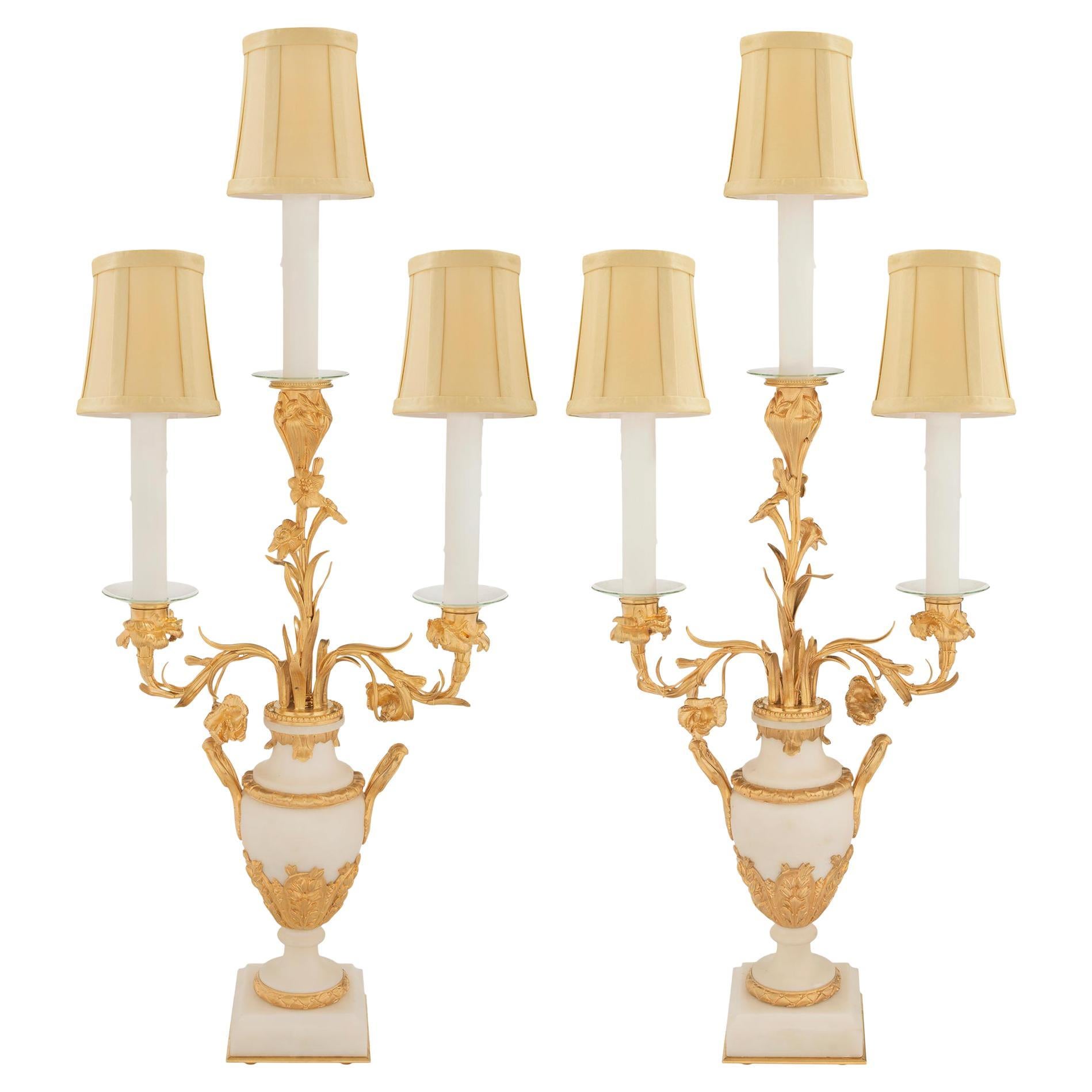 Pair of French 19th Century Louis XVI Style Ormolu and Carrara Marble Lamps For Sale