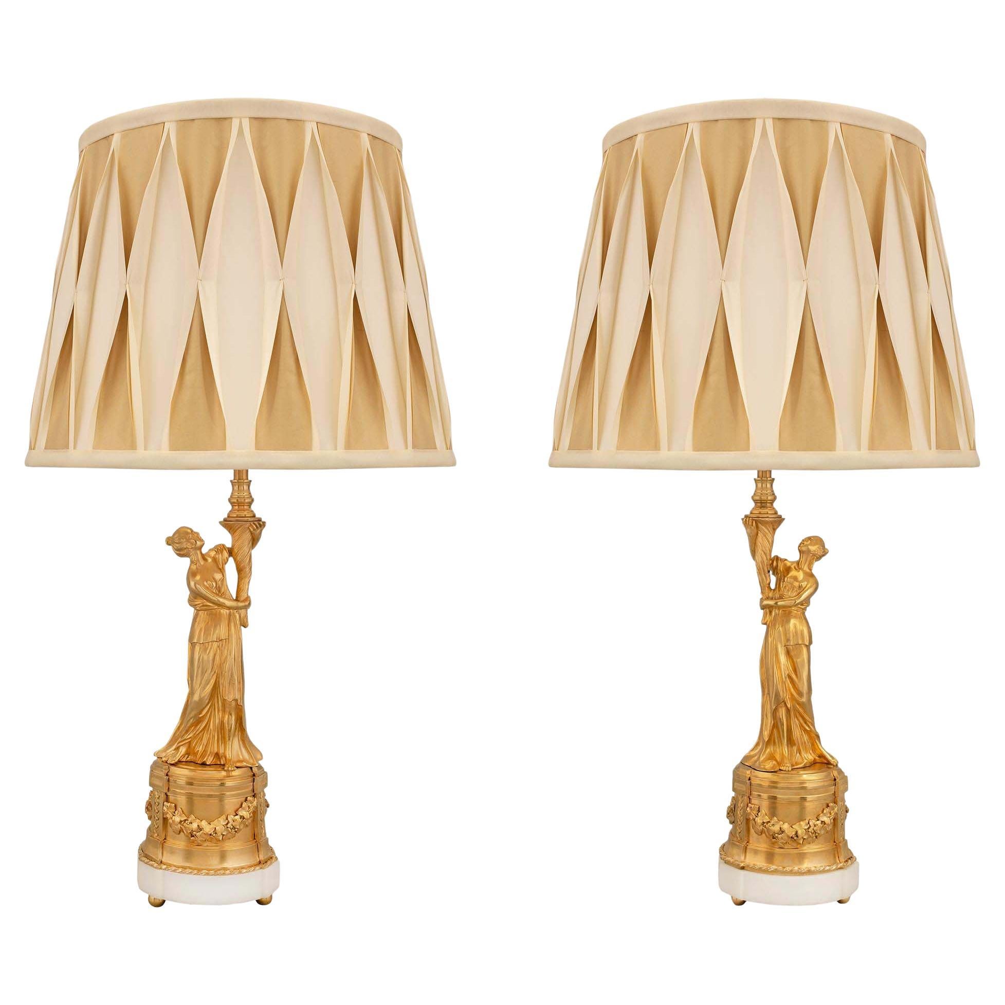 Pair of French 19th Century Louis XVI Style Ormolu and Carrara Marble Lamps