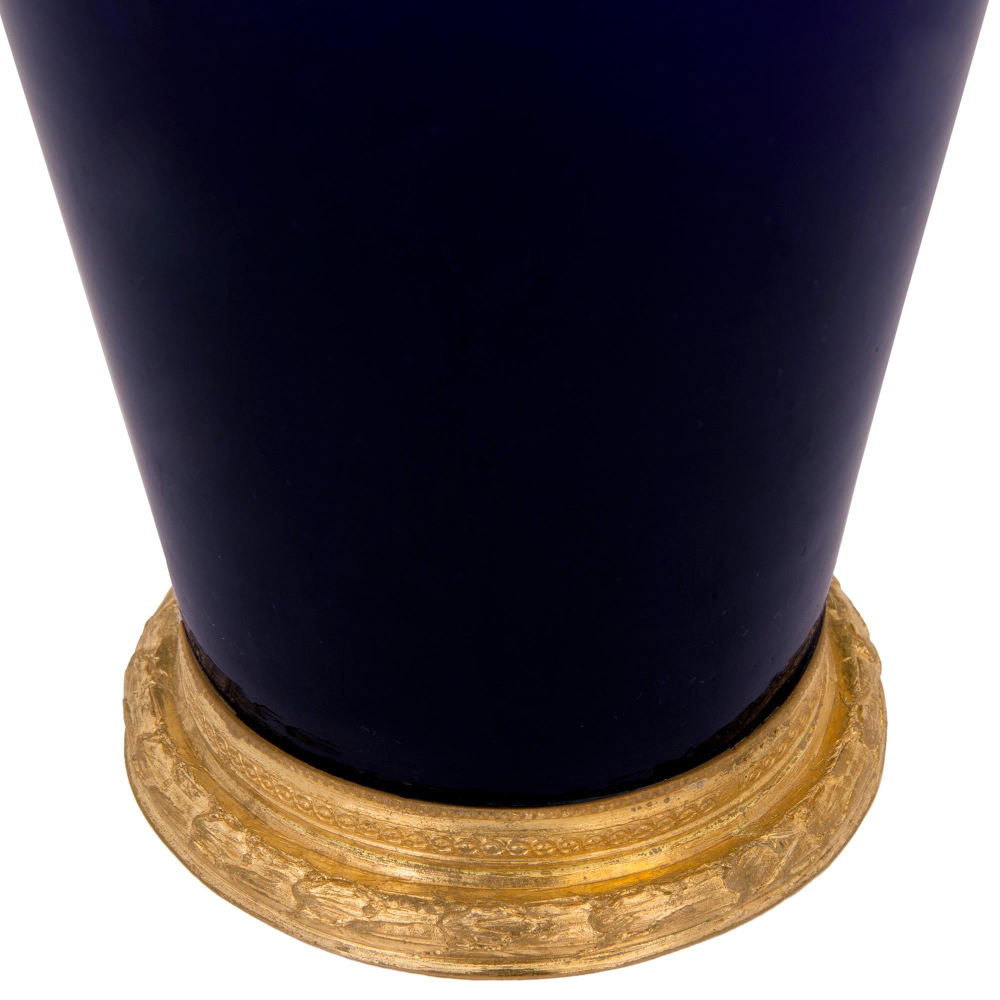 Pair of French 19th Century Louis XVI Style Ormolu and Cobalt Blue Glass Vases For Sale 3