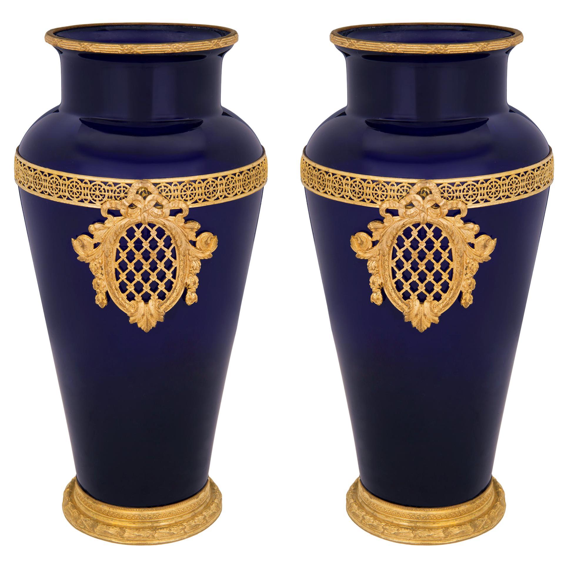 Pair of French 19th Century Louis XVI Style Ormolu and Cobalt Blue Glass Vases