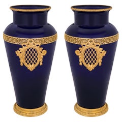 Antique Pair of French 19th Century Louis XVI Style Ormolu and Cobalt Blue Glass Vases