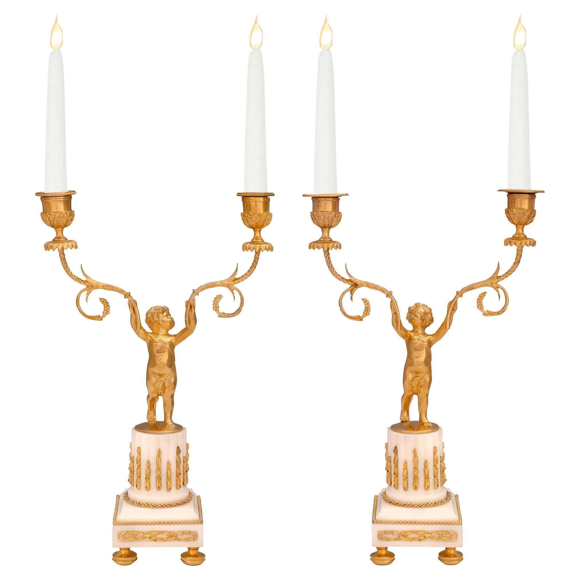 Pair of French 19th Century Louis XVI Style Ormolu and Marble Candelabras For Sale