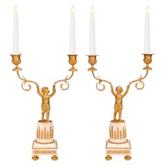 Pair of French 19th Century Louis XVI Style Ormolu and Marble Candelabras