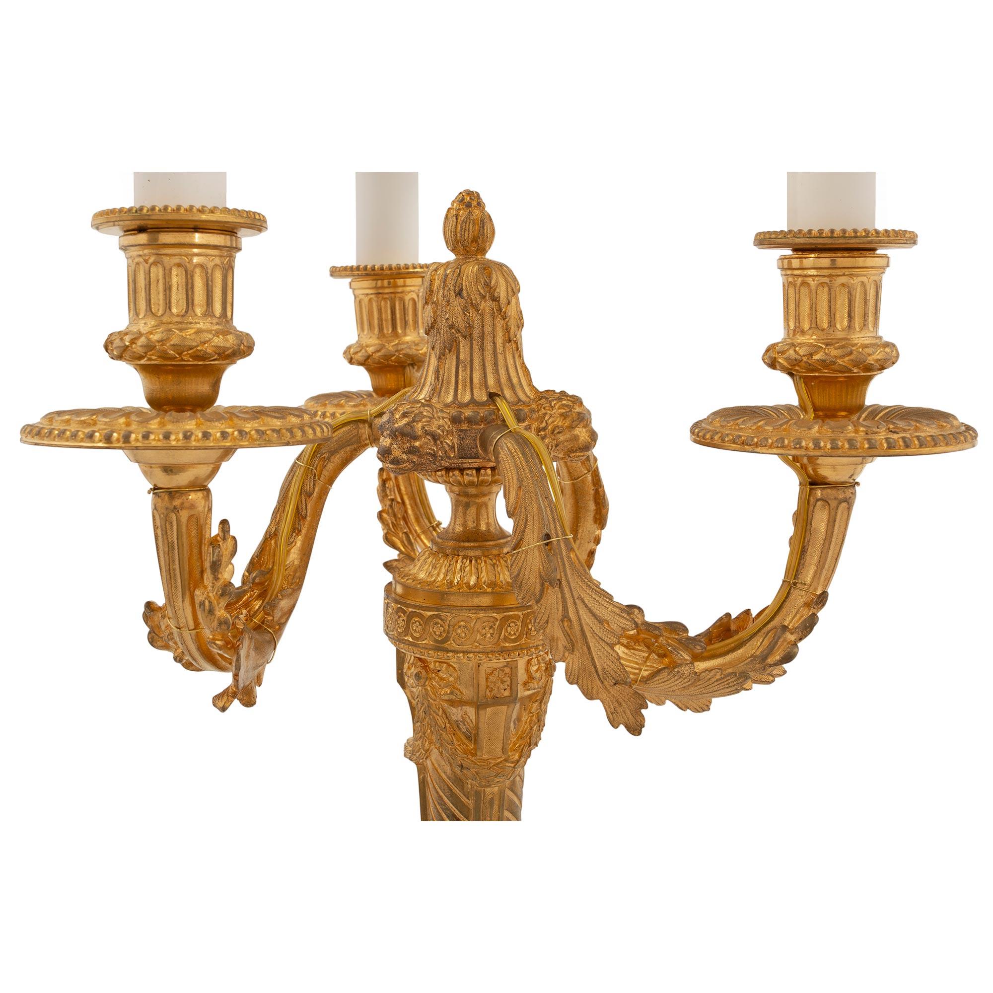 Pair of French 19th Century Louis XVI Style Ormolu and Marble Candelabras Lamps In Good Condition For Sale In West Palm Beach, FL