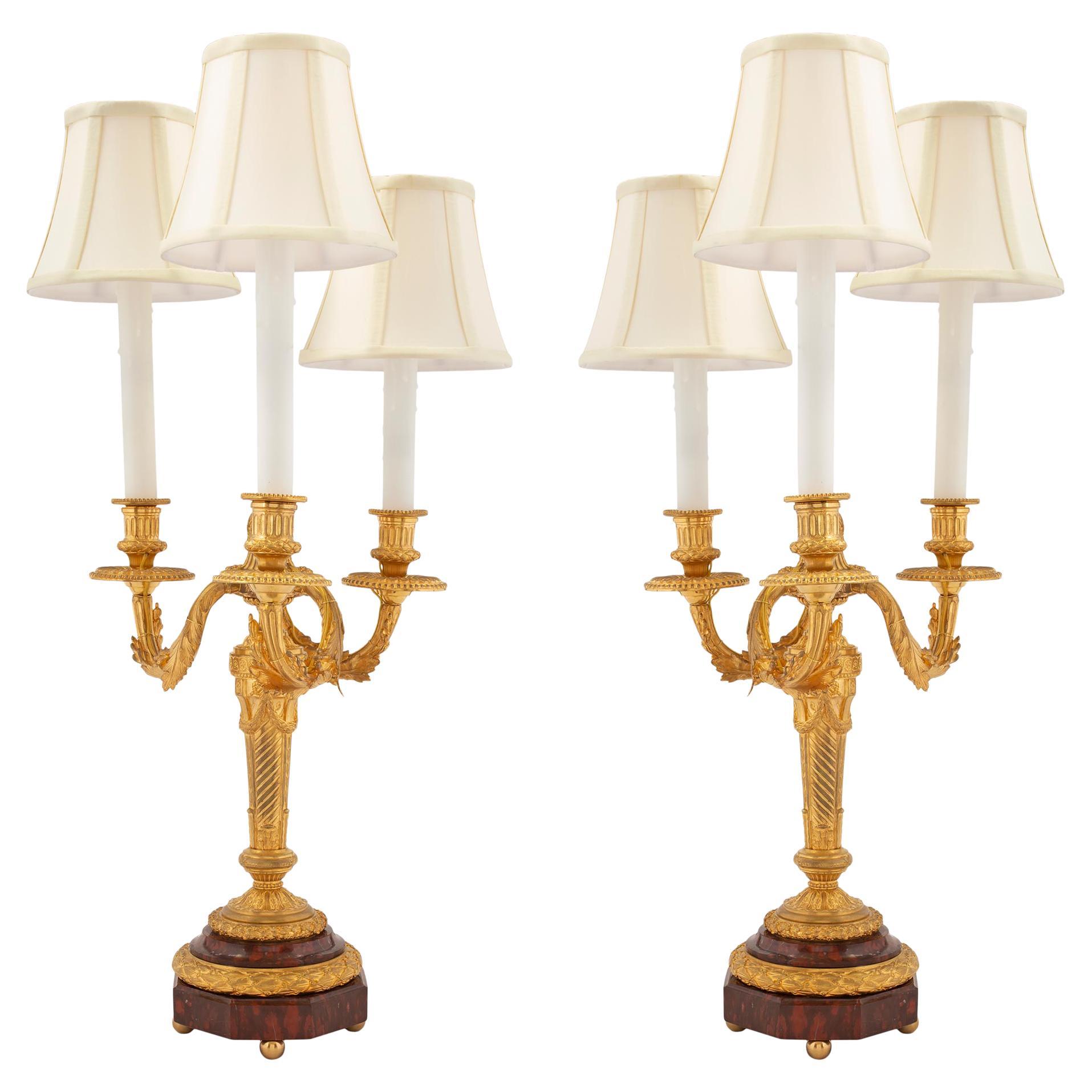 Pair of French 19th Century Louis XVI Style Ormolu and Marble Candelabras Lamps