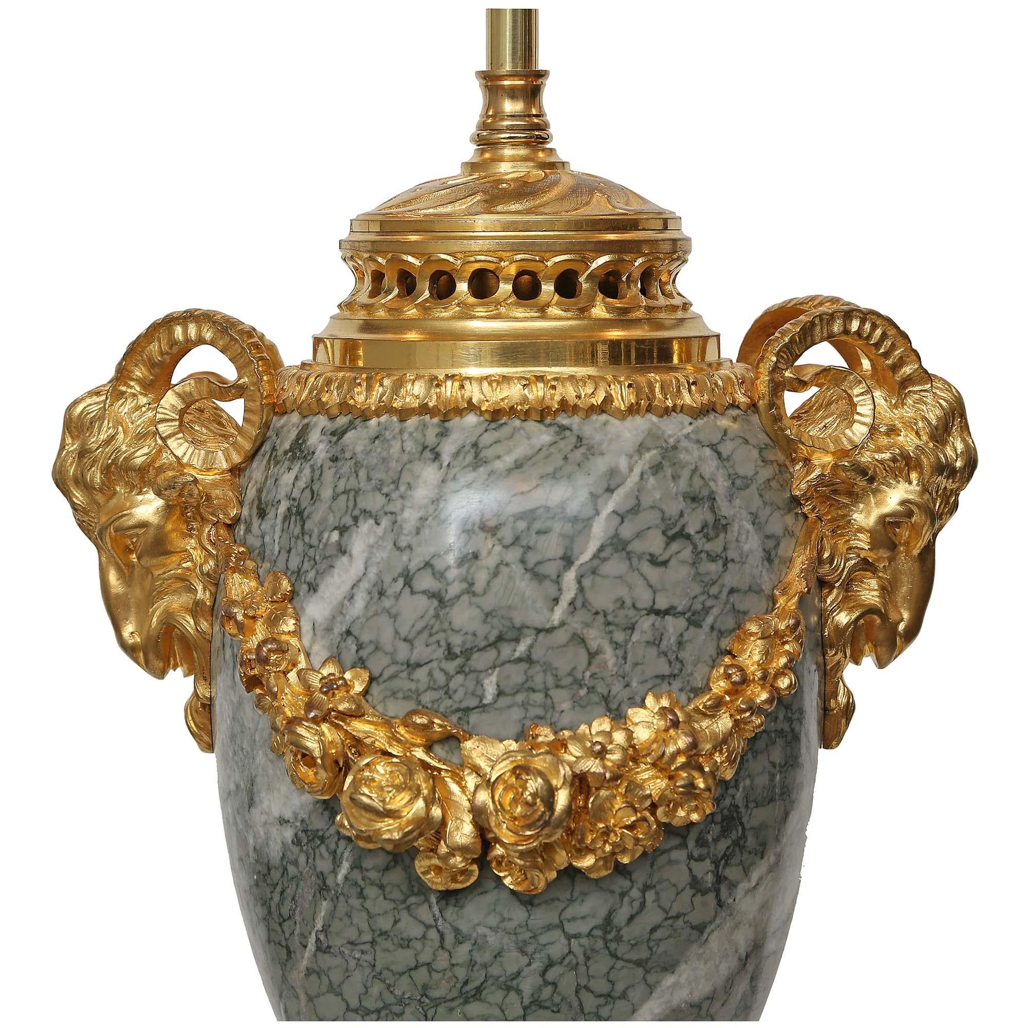 Pair of French 19th Century Louis XVI Style Ormolu and Marble Lamps For Sale 1