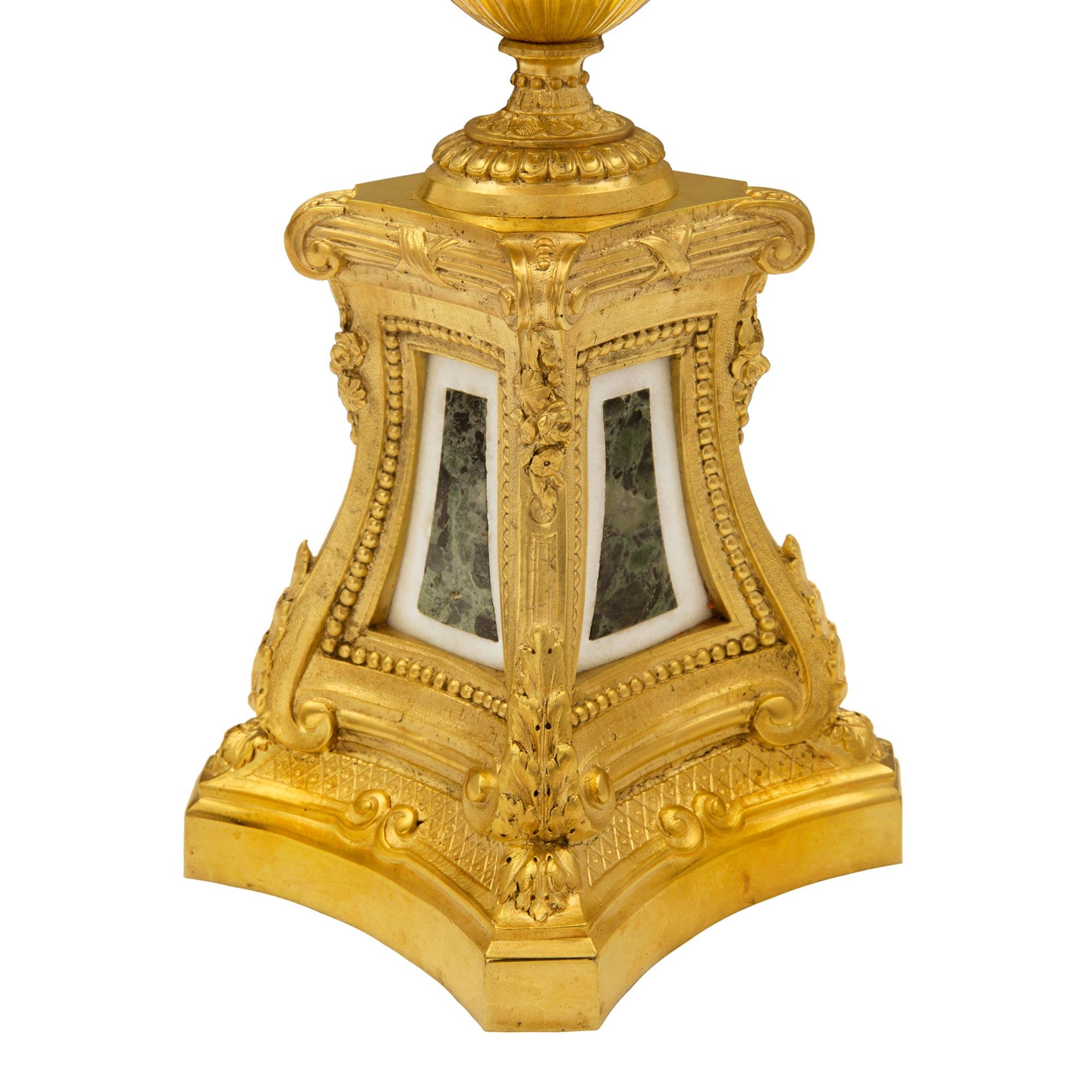 Pair of French 19th Century Louis XVI Style Ormolu and Marble Lamps For Sale 4