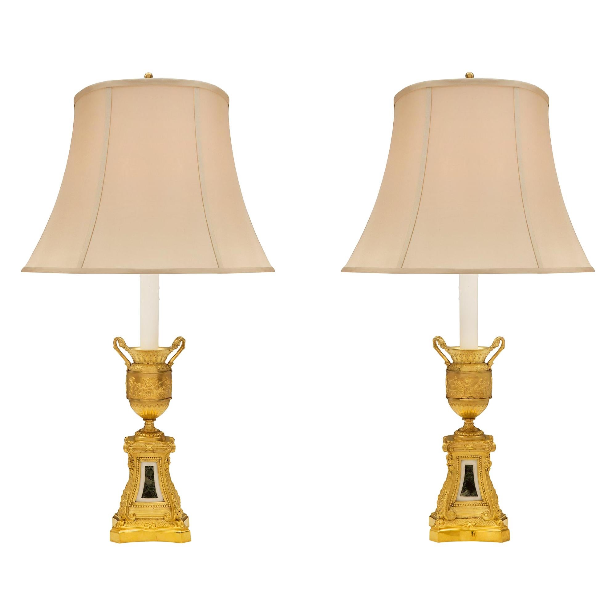 Pair of French 19th Century Louis XVI Style Ormolu and Marble Lamps For Sale