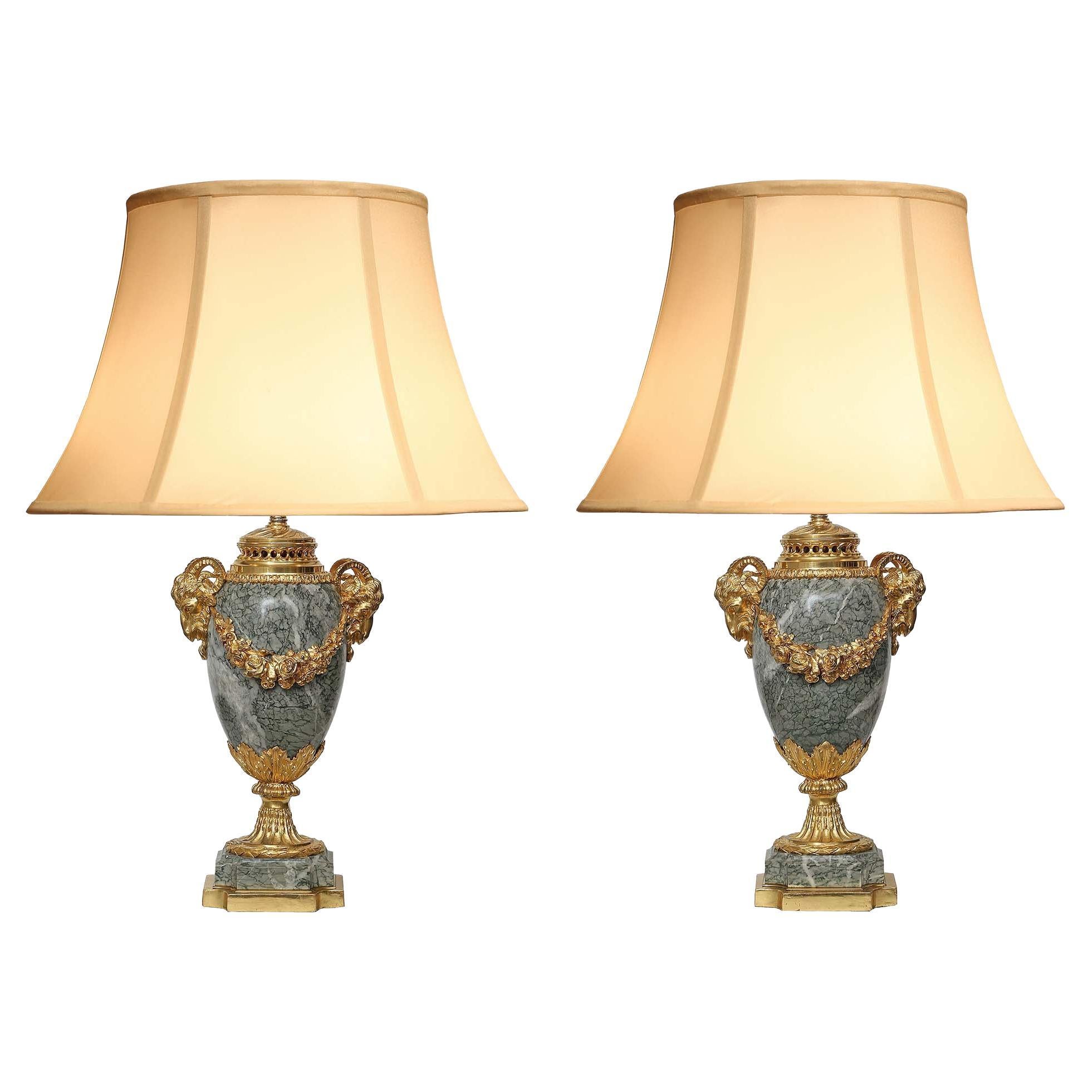 Pair of French 19th Century Louis XVI Style Ormolu and Marble Lamps For Sale