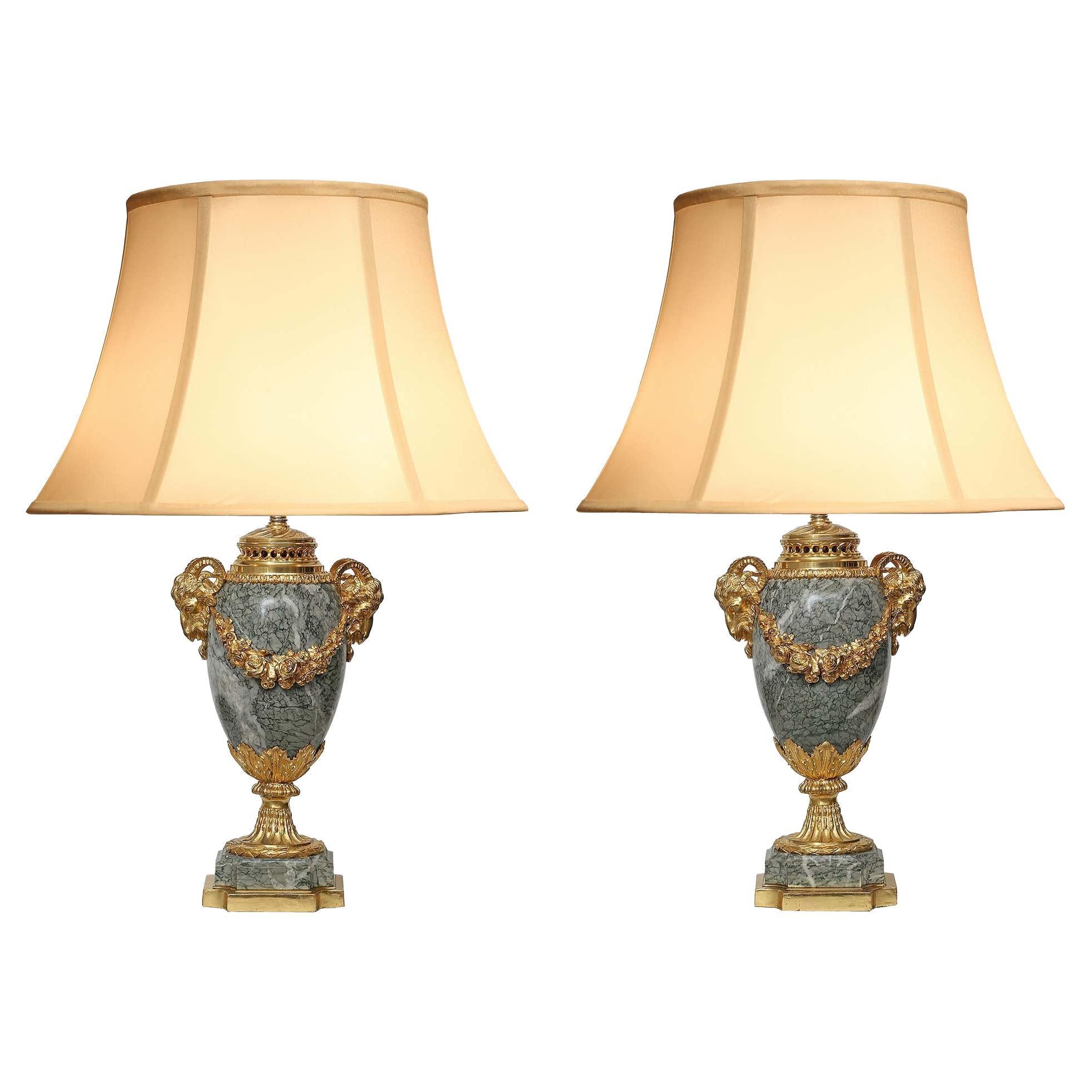 Pair of French 19th Century Louis XVI Style Ormolu and Marble Lamps