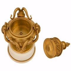 Pair of French 19th Century Louis XVI Style Ormolu and Marble Lidded Urns