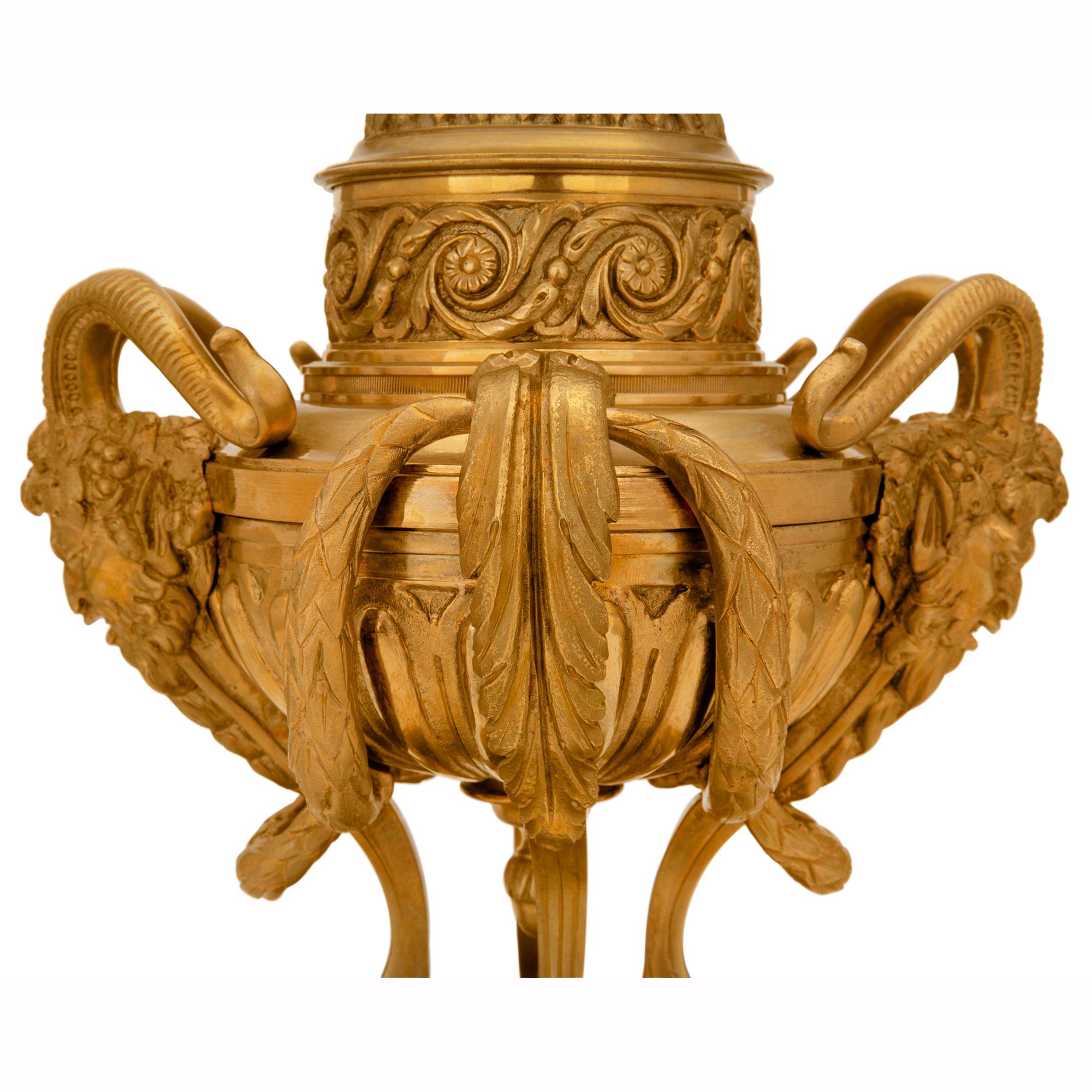 Pair of French 19th Century Louis XVI Style Ormolu and Marble Lidded Urns For Sale 3