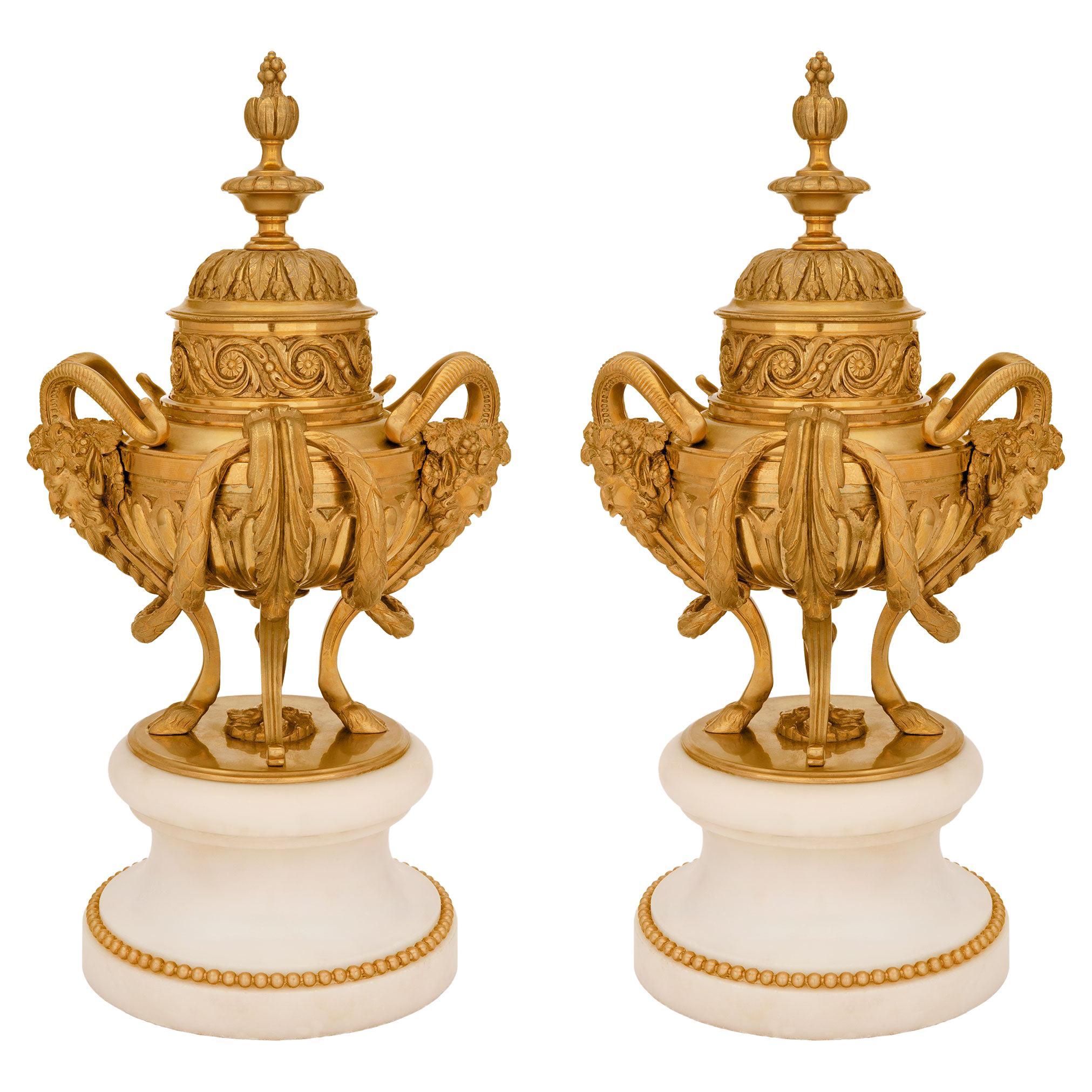 Pair of French 19th Century Louis XVI Style Ormolu and Marble Lidded Urns For Sale