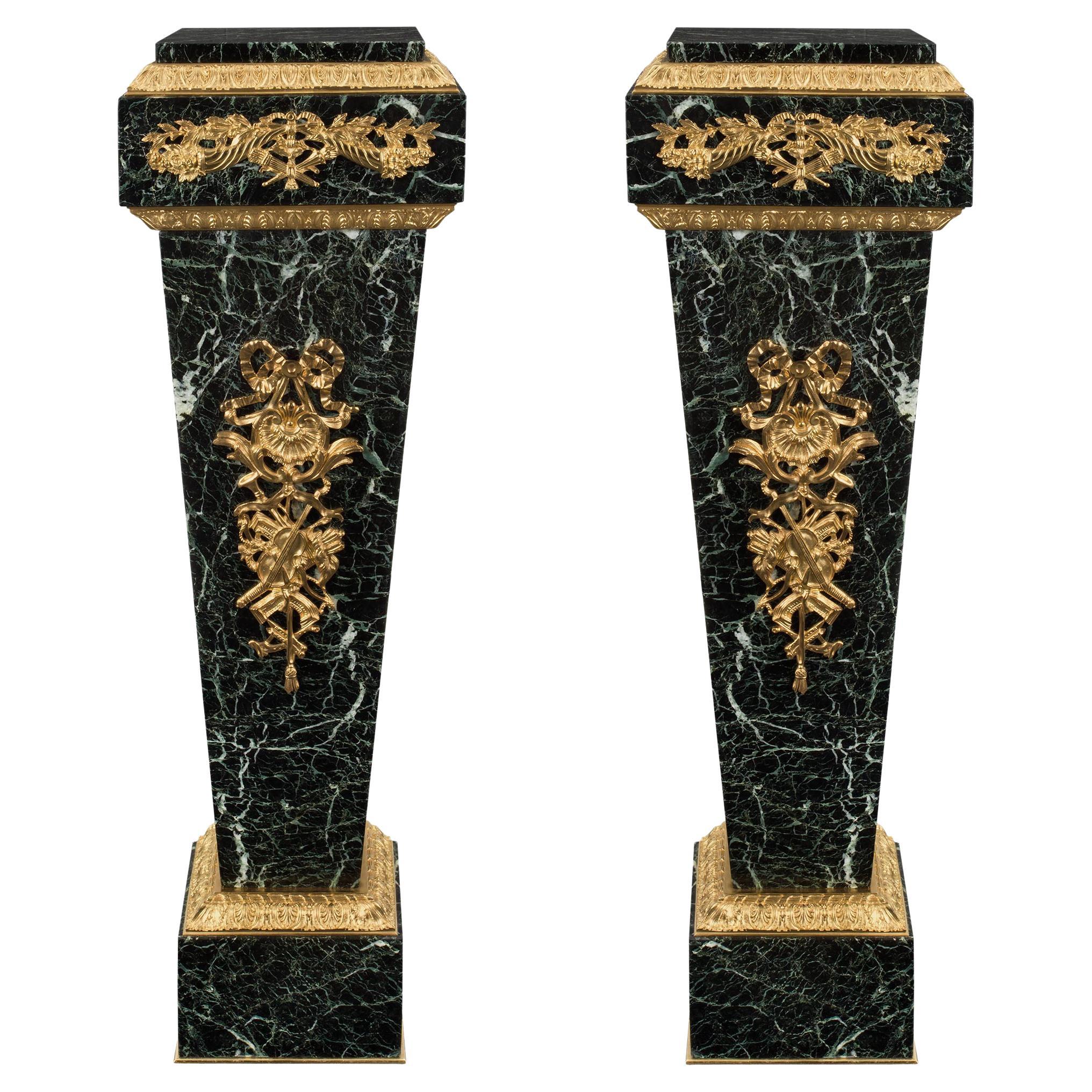 Pair of French 19th Century Louis XVI Style Ormolu and Marble Pedestal For Sale