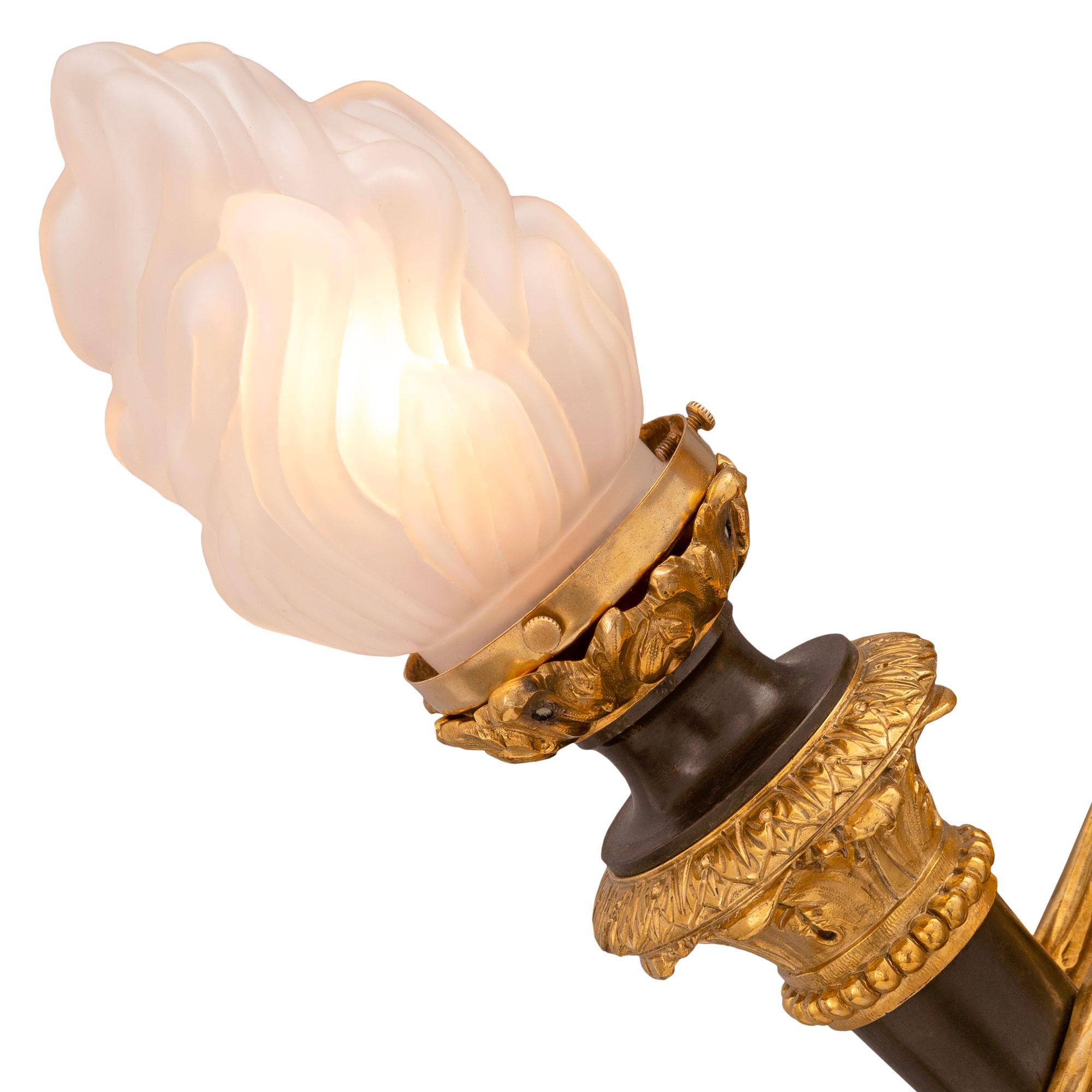 Pair of French 19th Century Louis XVI Style Ormolu and Patinated Bronze Sconces For Sale 3