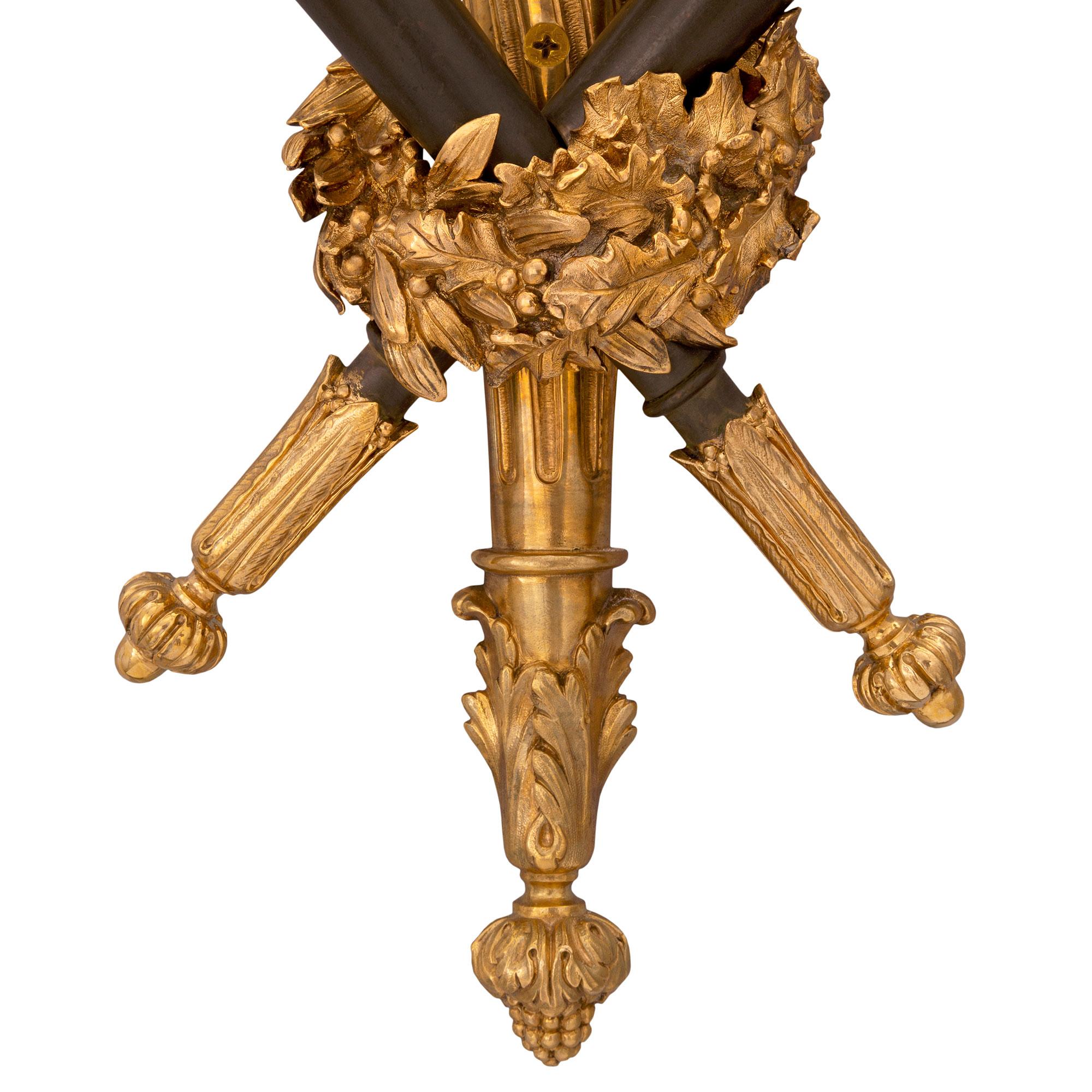 Pair of French 19th Century Louis XVI Style Ormolu and Patinated Bronze Sconces For Sale 5