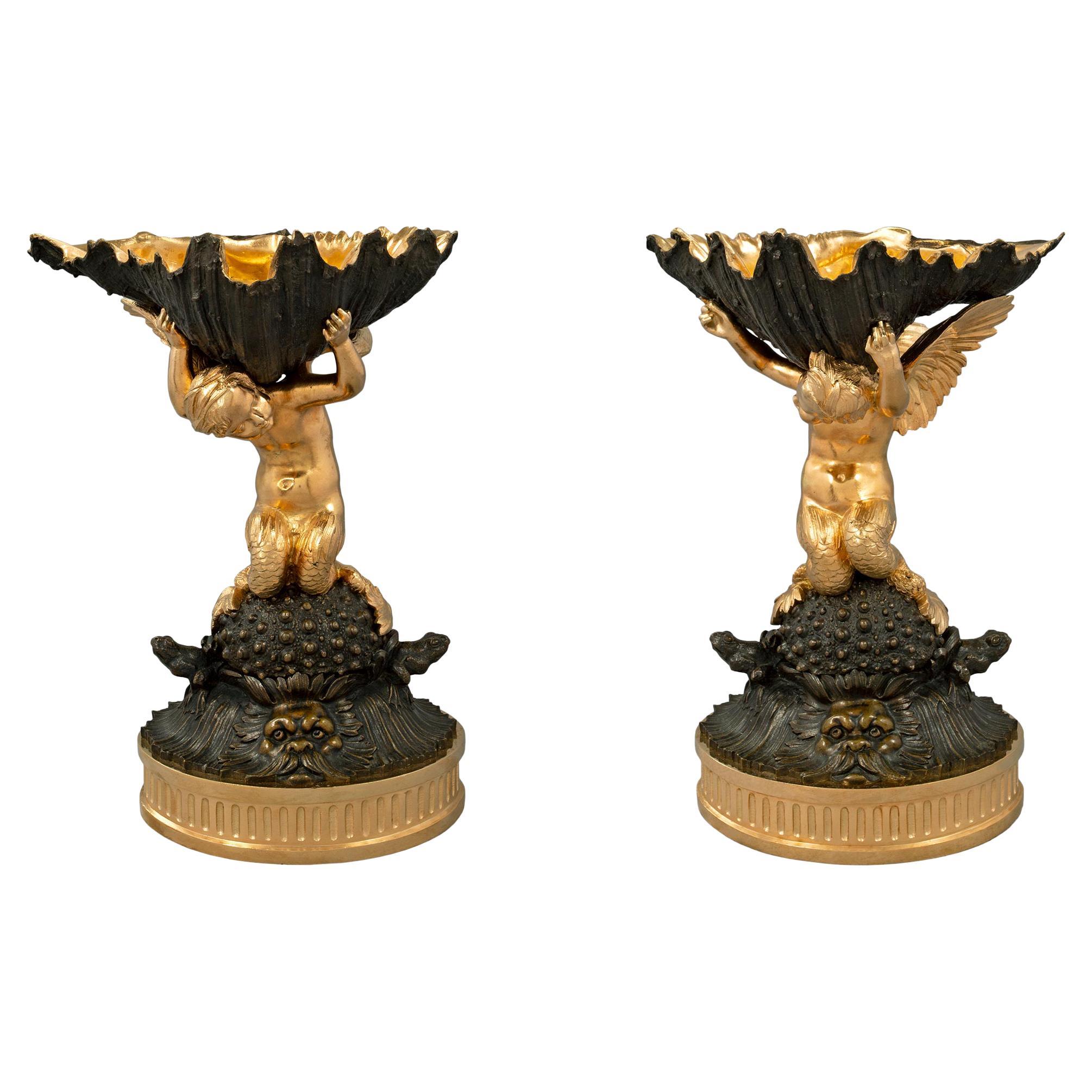 Pair of French 19th Century Louis XVI Style Ormolu and Patinated Bronze Tazzas For Sale