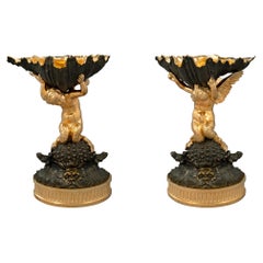 Paire de tazzas françaises de style Louis XVI du 19ème siècle en bronze doré et patiné