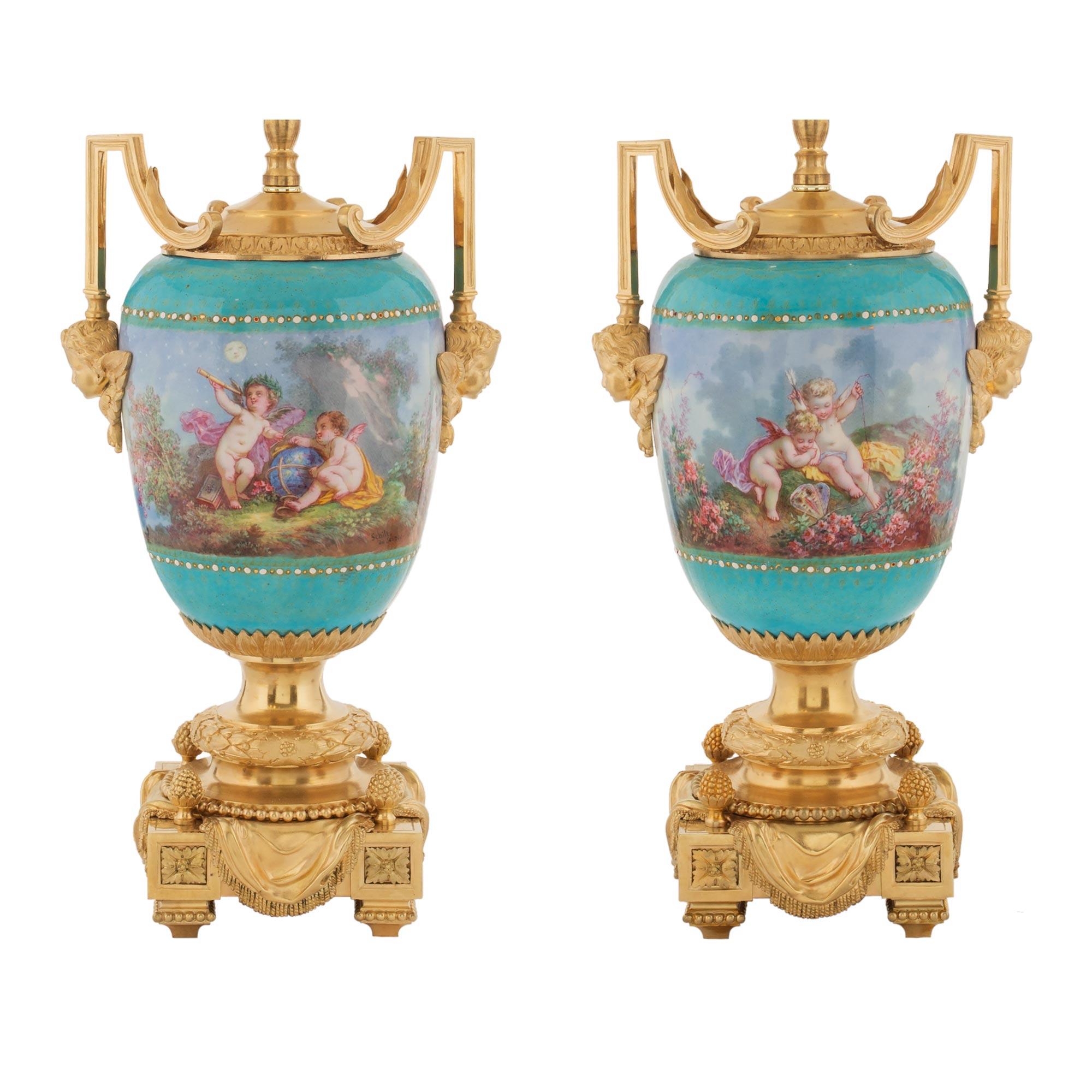 Pair of French 19th Century Louis XVI Style Ormolu and Porcelain Lamps by Picard For Sale 1