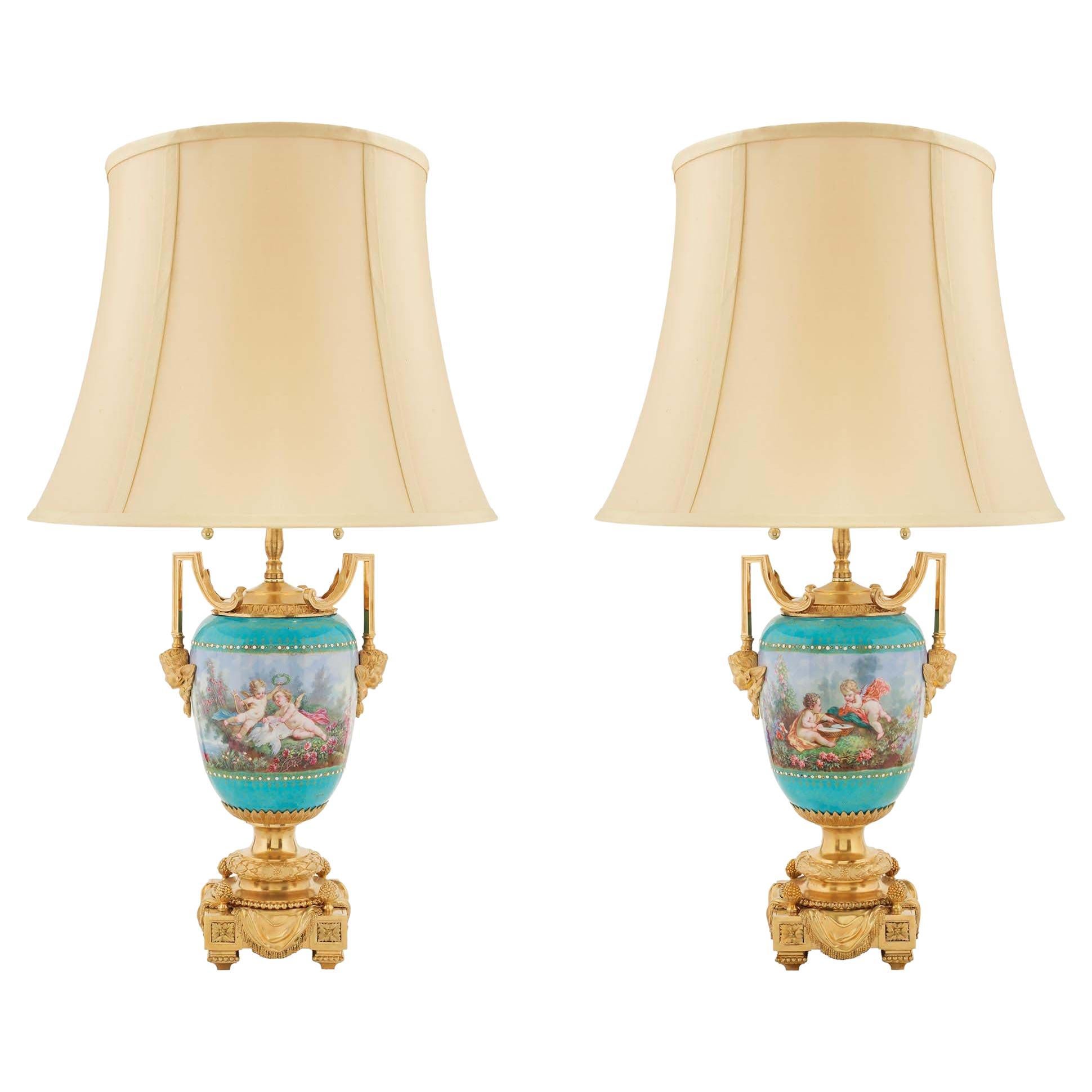 Pair of French 19th Century Louis XVI Style Ormolu and Porcelain Lamps by Picard For Sale