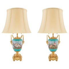 Pair of French 19th Century Louis XVI Style Ormolu and Porcelain Lamps by Picard