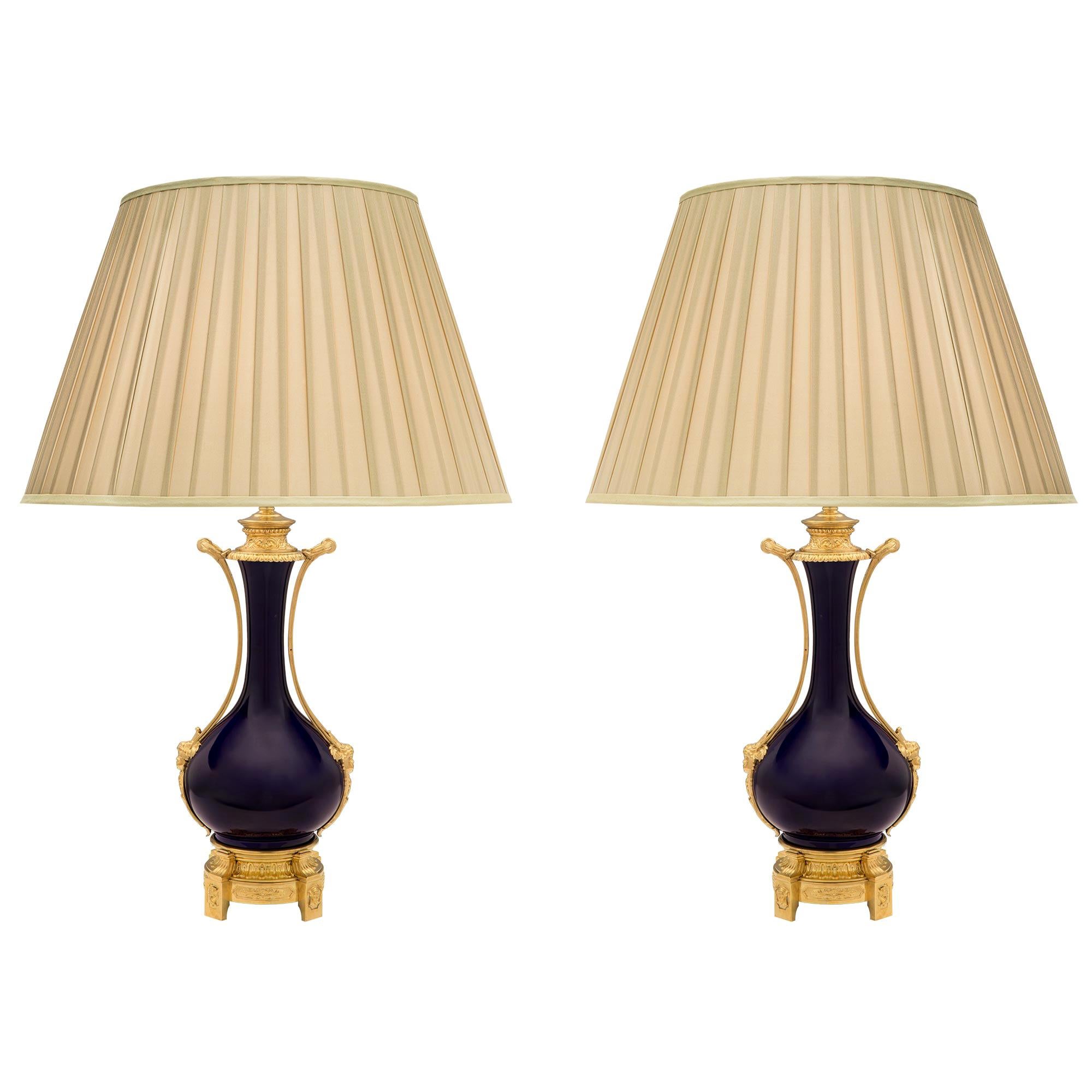 Pair of French 19th Century Louis XVI Style Ormolu and Sèvres Porcelain Lamps For Sale