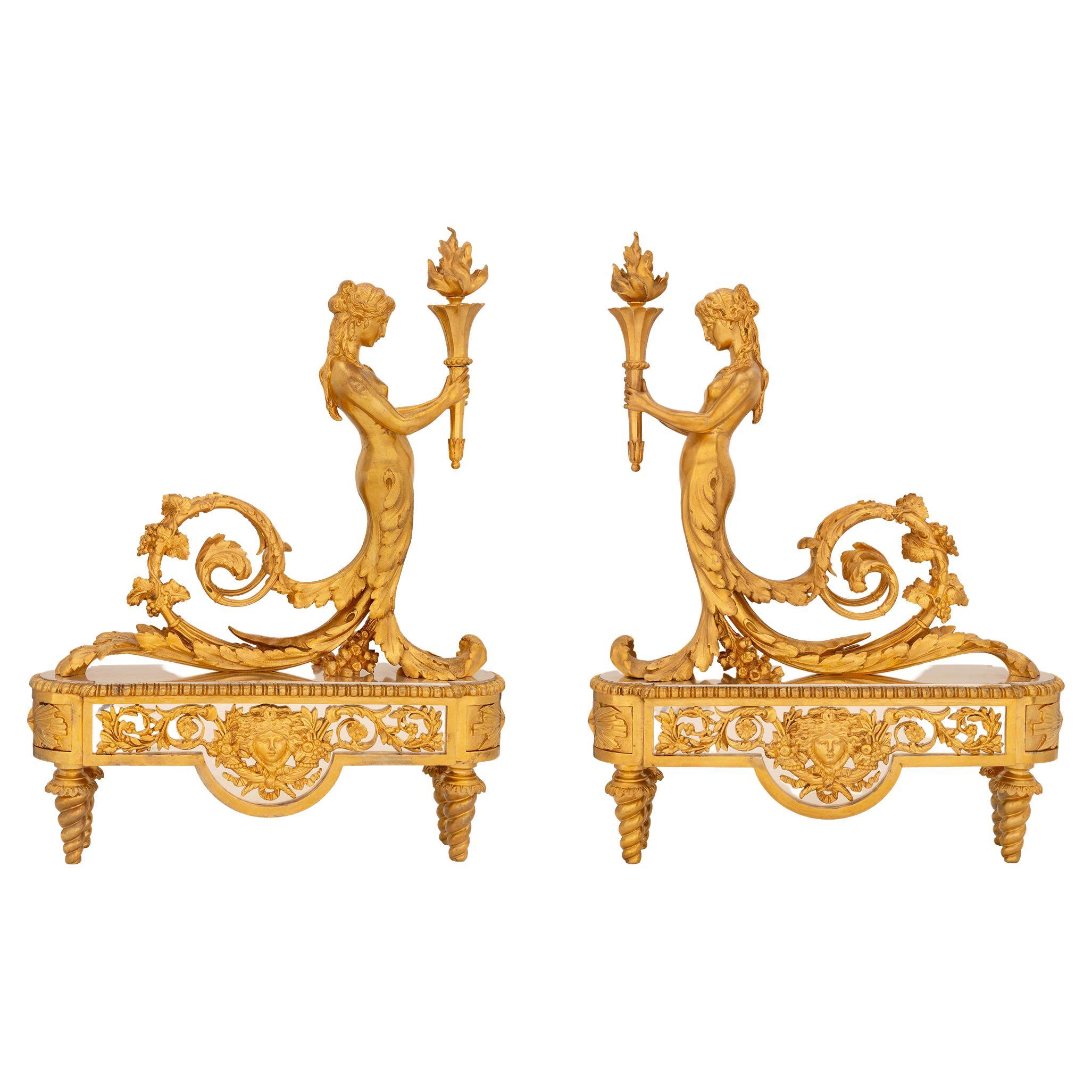 Pair of French 19th Century Louis XVI Style Ormolu and Silvered Bronze Andirons