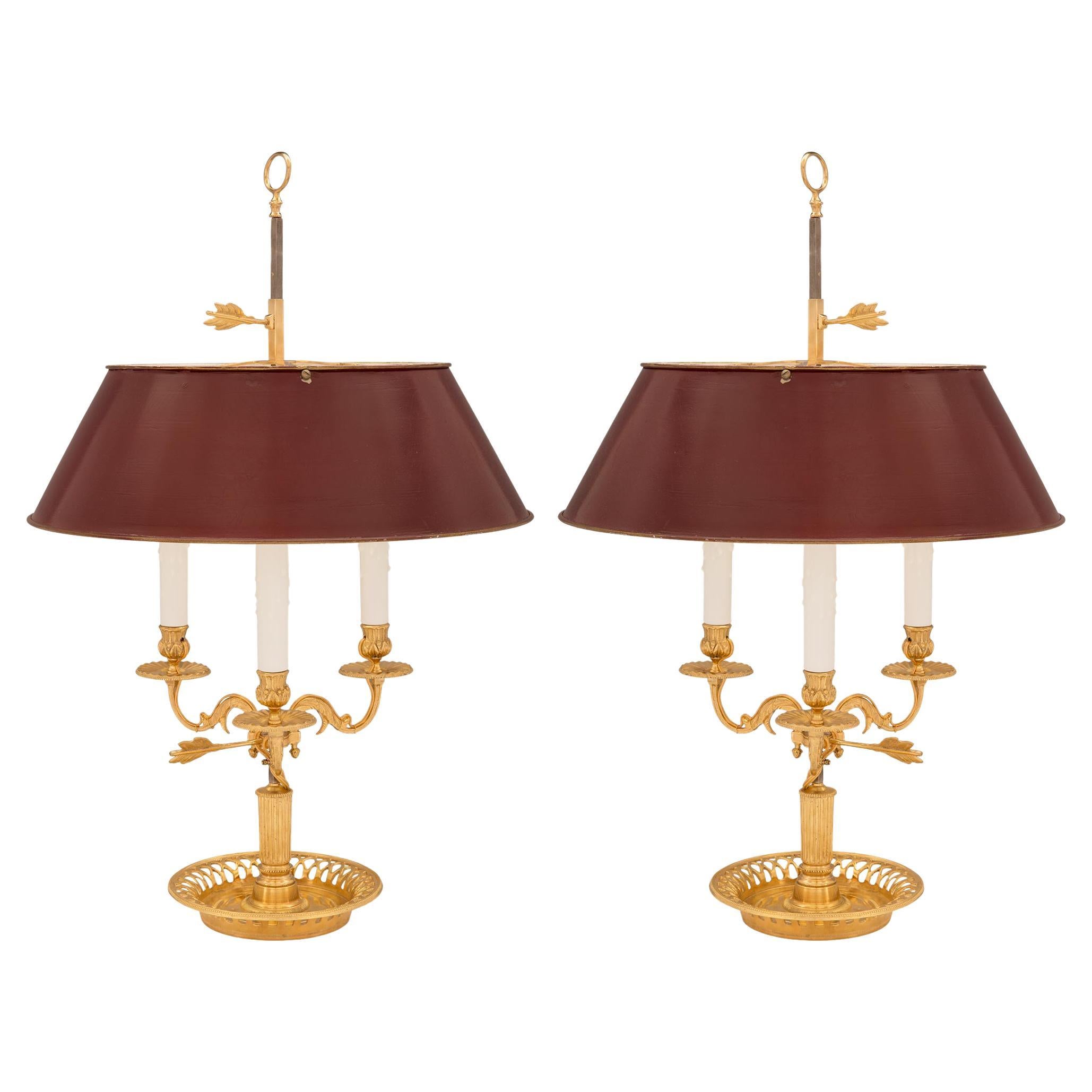 Pair of French 19th Century Louis XVI Style Ormolu and Tole Bouilotte Lamps For Sale