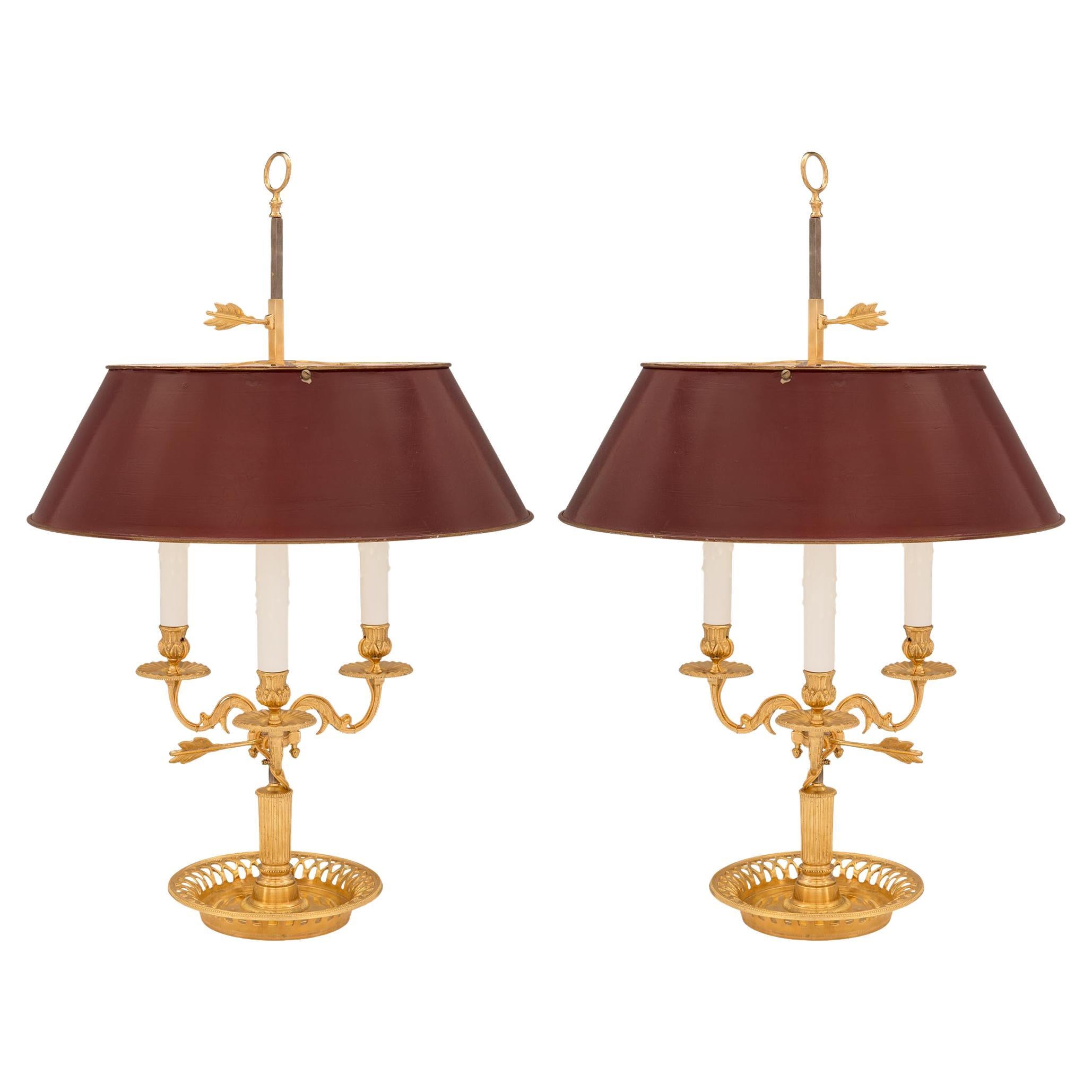 Pair of French 19th Century Louis XVI Style Ormolu and Tole Bouilotte Lamps