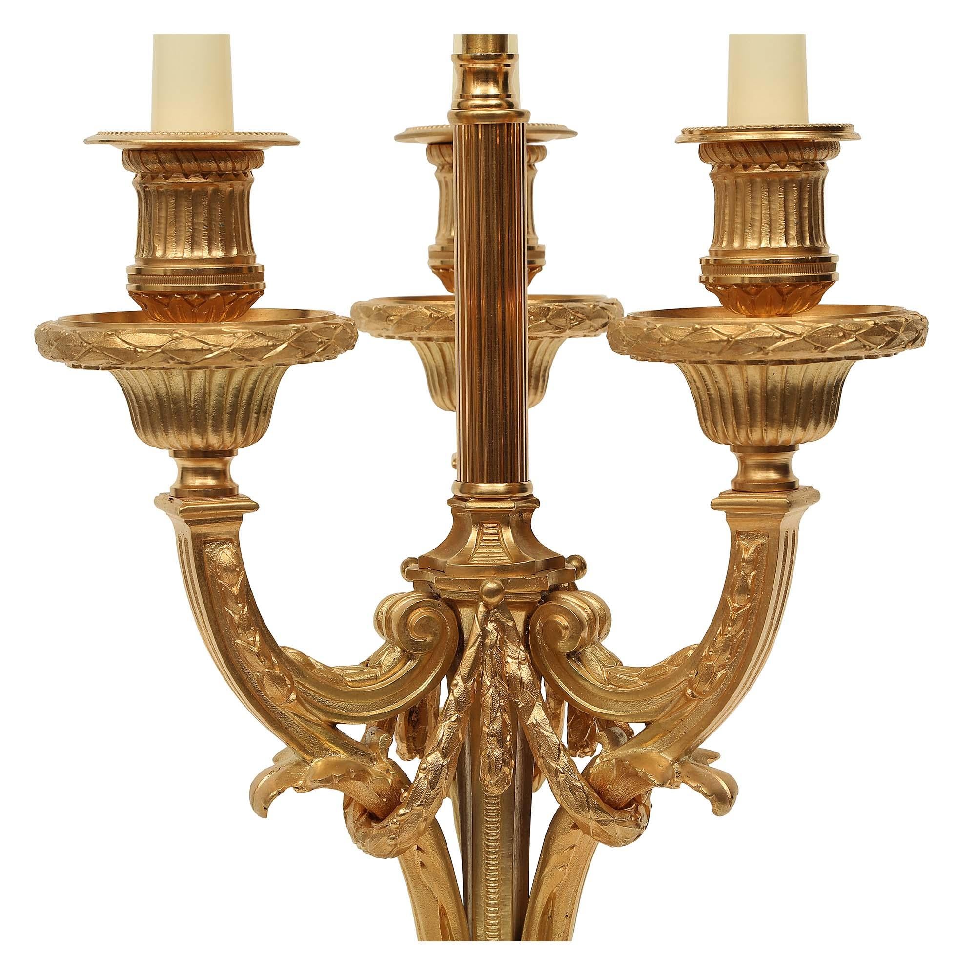 Pair of French 19th Century Louis XVI Style Ormolu Bouillotte Lamps In Good Condition In West Palm Beach, FL