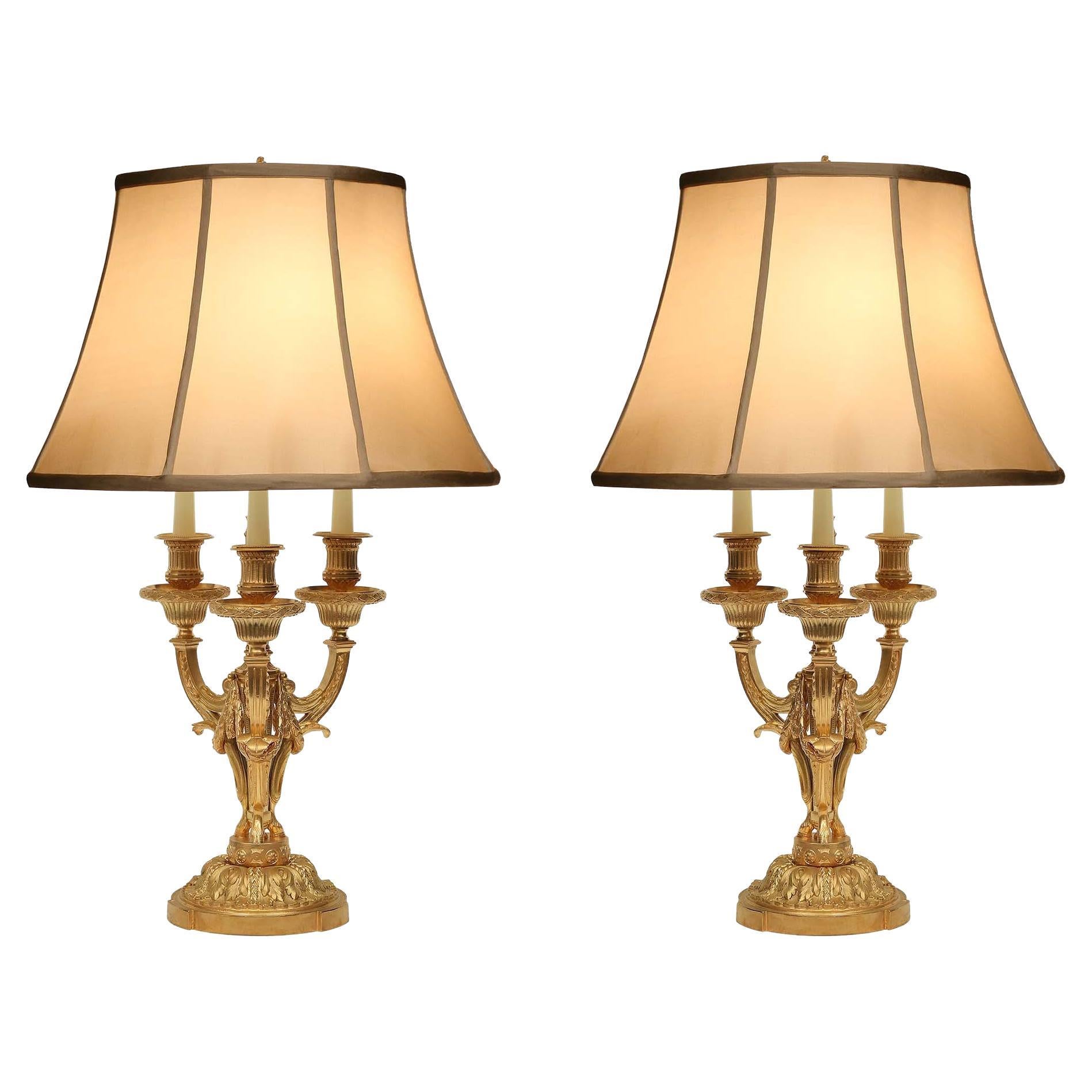 Pair of French 19th Century Louis XVI Style Ormolu Bouillotte Lamps